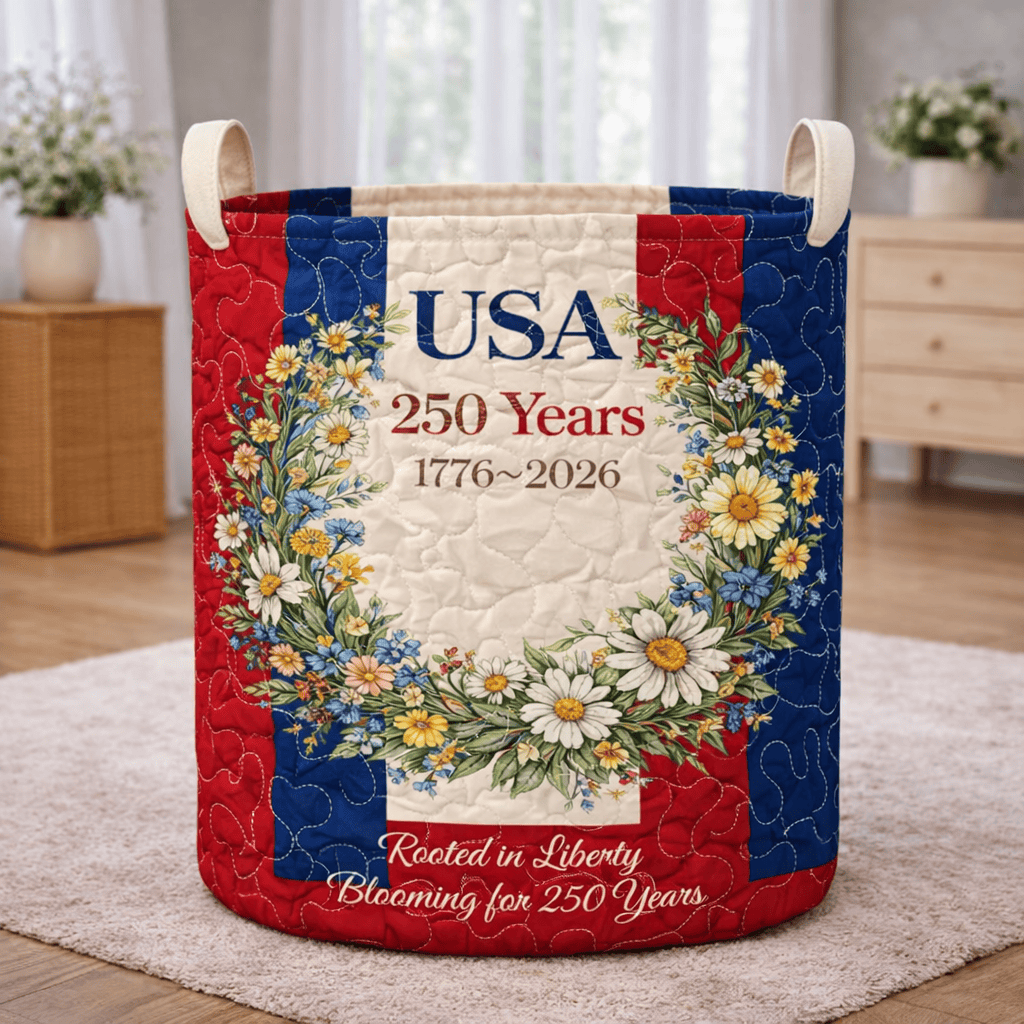 Rooted In Liberty Floral Quilted Laundry Basket USA 250 Years Patriotic Decor Gift For Mom - Tradiviet