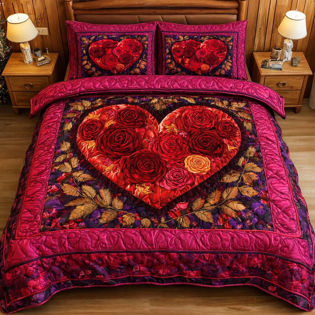 Rose Heart Quilted Bedding Set Holiday Bedroom Decor Unusual Rose Gifts - Tradiviet