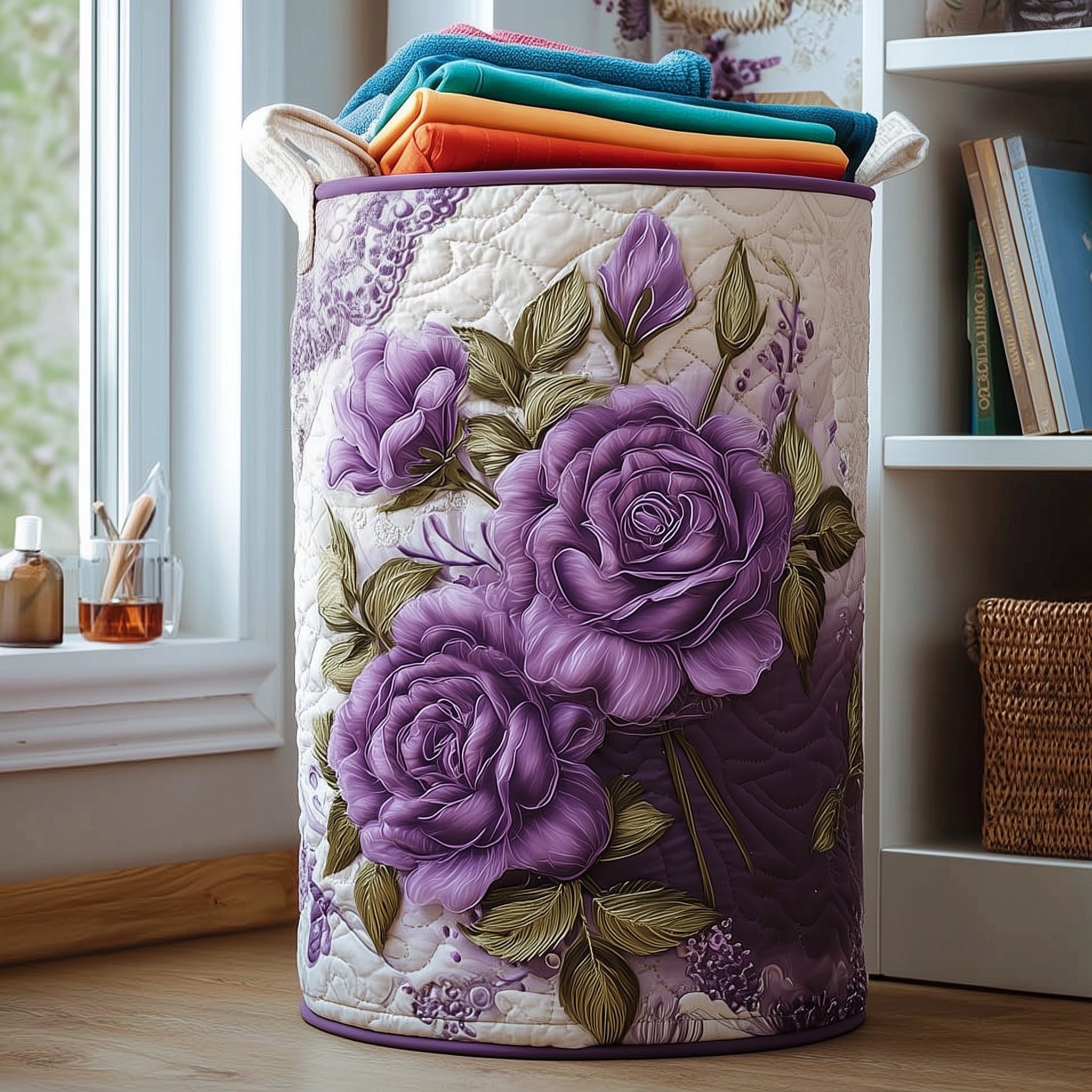 Rose Quilted Laundry Basket Washroom Decor Basket Gift For Grandma - Tradiviet