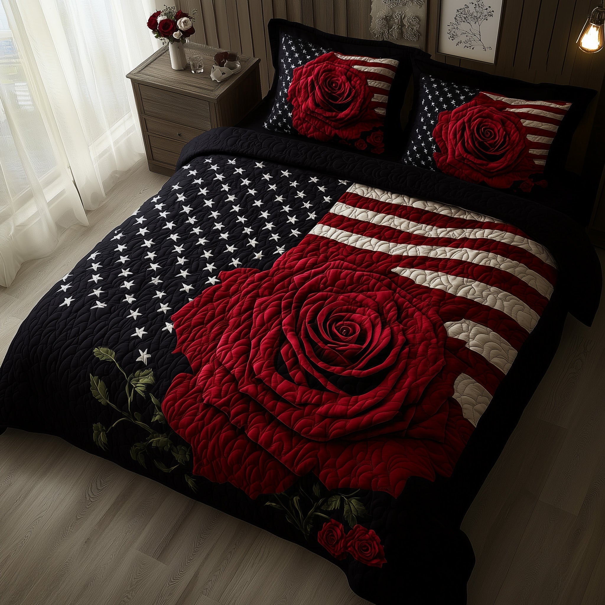 Rose Stars USA Flag Quilted Bedding Set America Patriotic Eagle Bedding Gift For Veteran - Tradiviet