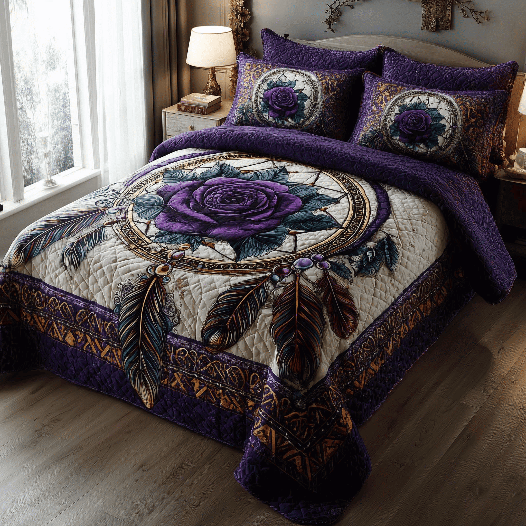 Rose Tribal Quilt Bedding Set Native America Pattern Set Gift for Couples