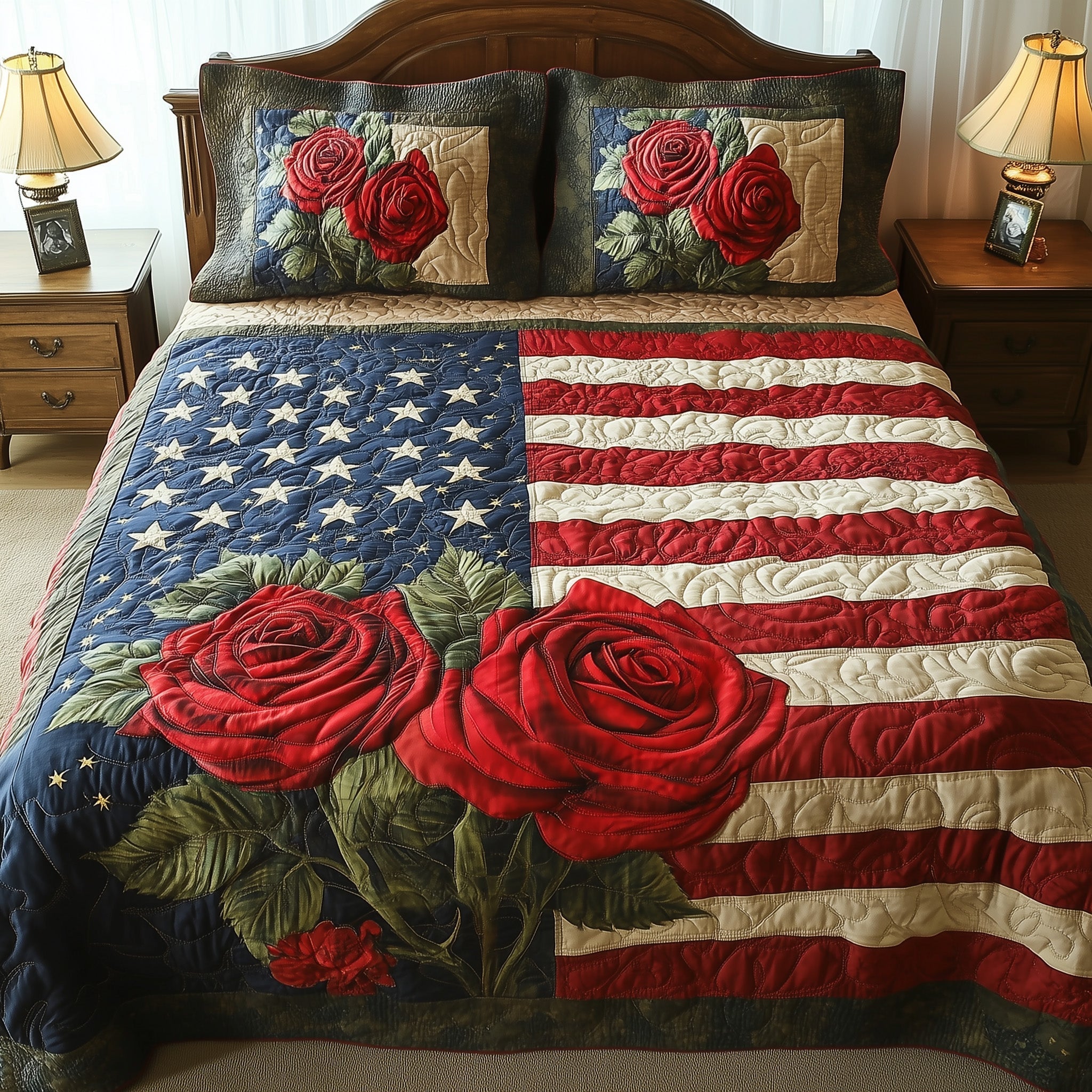 Roses Stars US Flag Quilted Bedding Set And Stripes Patchwork Bedding Gift For Best Grandpa - Tradiviet