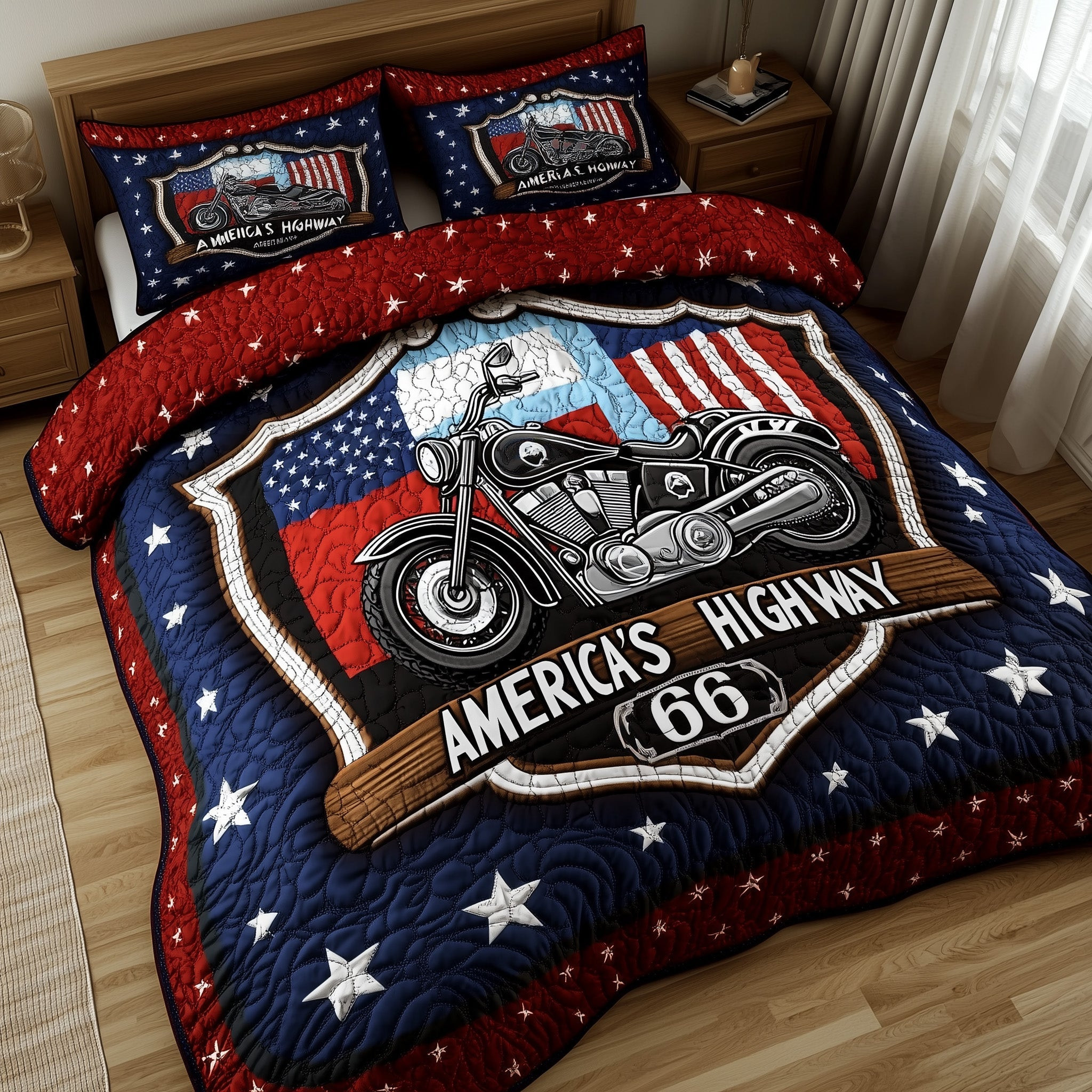 Route 66 American  Quilted Bedding Set  4Th Of July Gifts For Coworkers