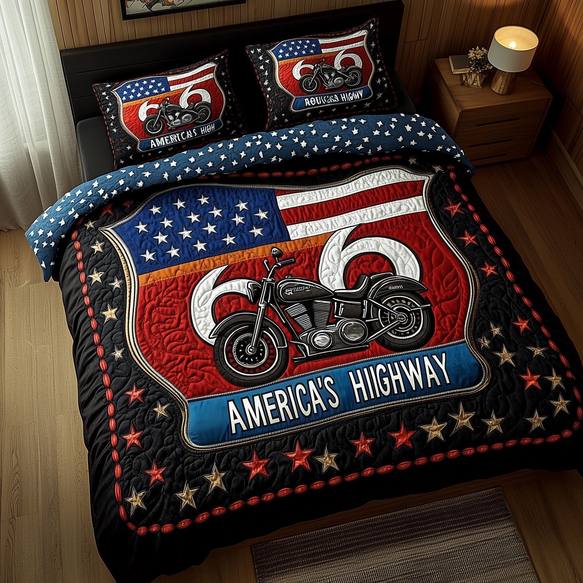 Route 66 American  Quilted Bedding Set Patritotic Duvet Covers Gifts For Mother In Law