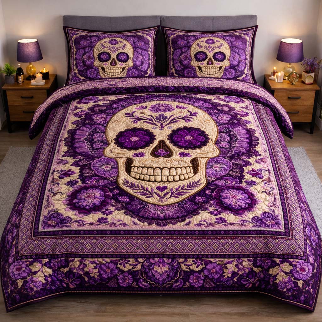 Royal Amethyst Skull Quilted Bedding Set Mens Bedroom Decor Skull Birthday Gifts - Tradiviet