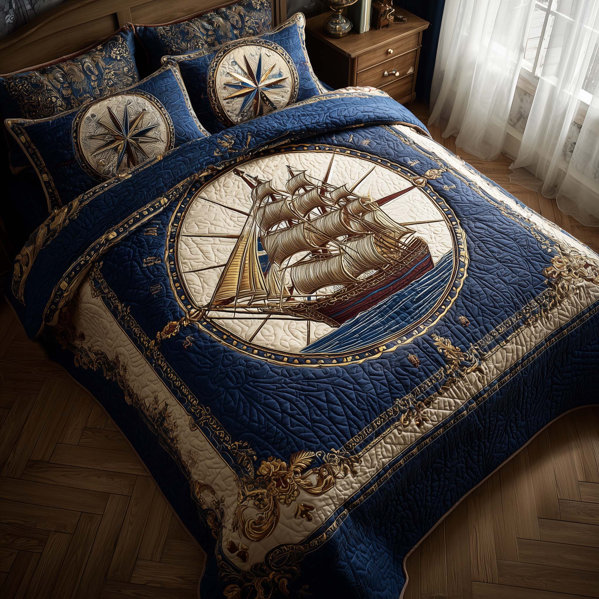 Royal Fleet Quilted Bedding Set Mens Bedroom Decor Gift For Nautical Enthusiasts - Tradiviet