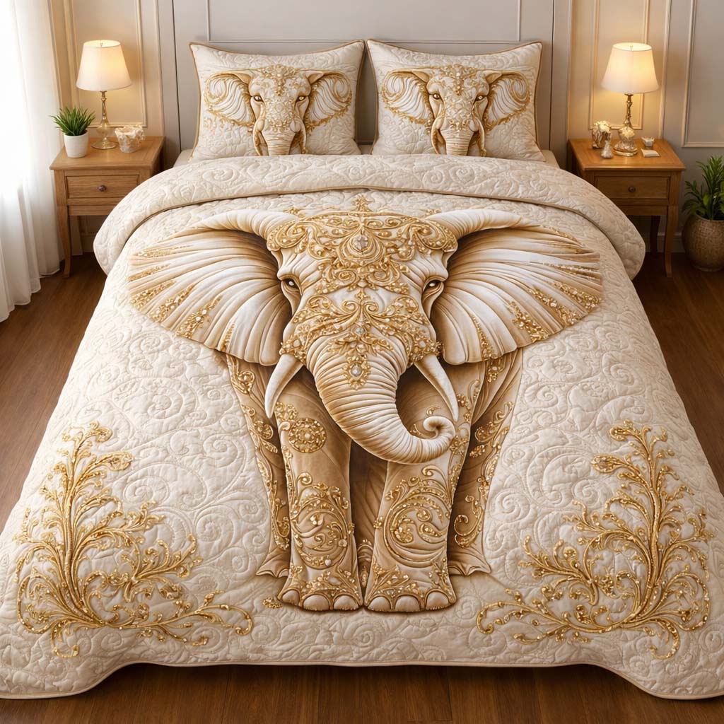 Royal Ivory Elephant Quilted Bedding Set Holiday Decorations Womens Elephant Gifts For Her - Tradiviet