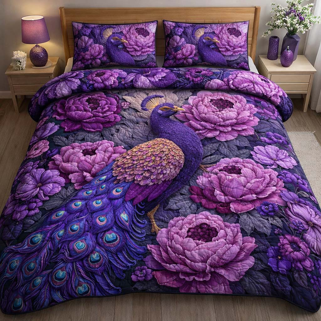 Royal Violet Peacock Quilted Bedding Set Bedroom Decorations Gift For Peacock Lovers - Tradiviet