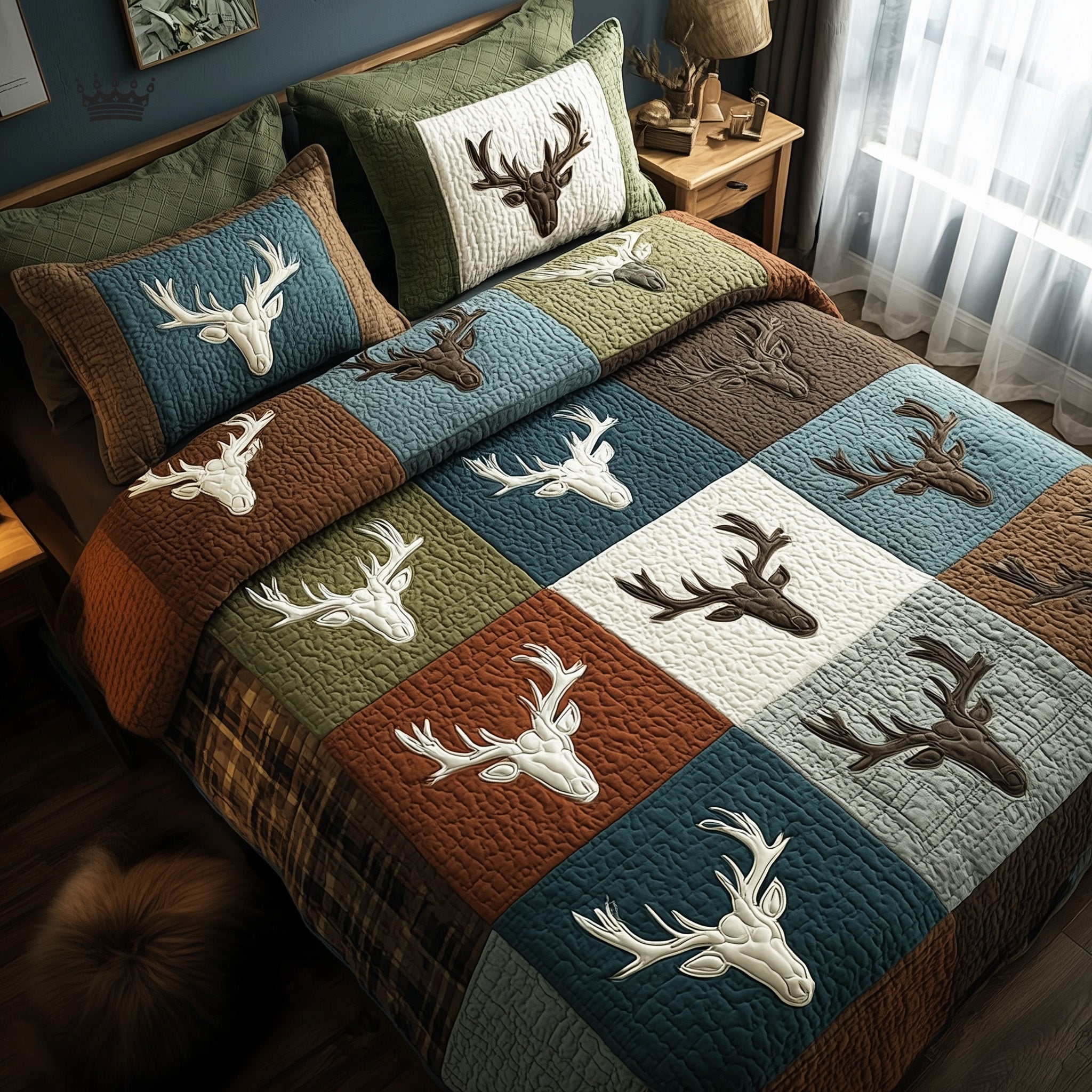Rustic Antler Quilted Bedding Set Mens Bedroom Decor Gift For Nature Lovers - Tradiviet