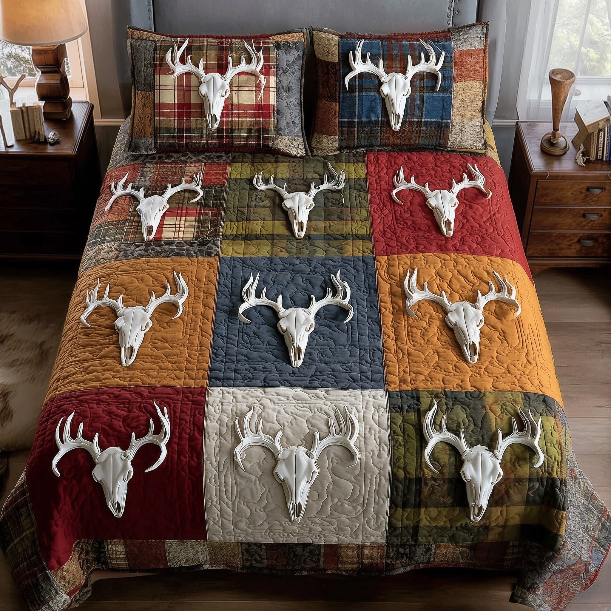 Rustic Antler Quilted Bedding Set Room Decoration Items Gift For Outdoor Enthusiasts - Tradiviet