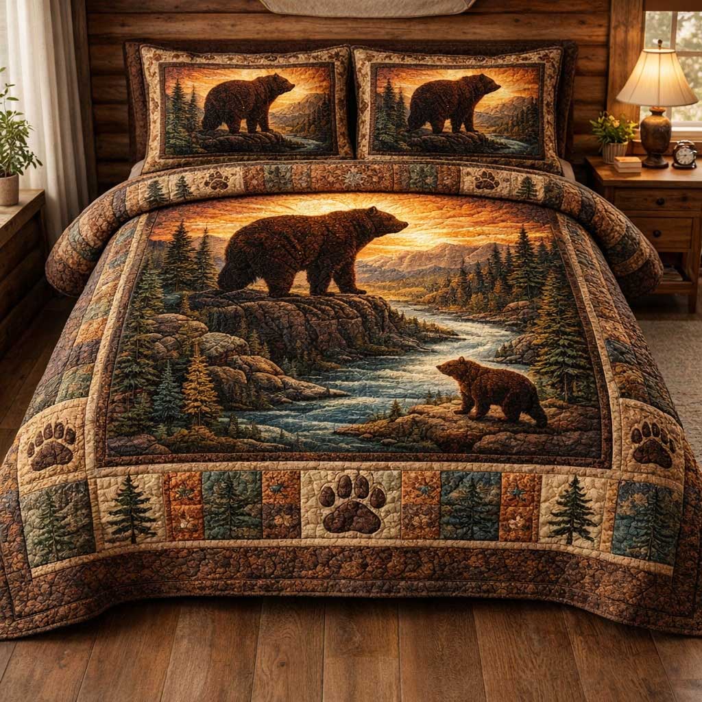 Rustic Bear Quilted Bedding Set Holiday Bedroom Decor Bear Gifts For Mom - Tradiviet