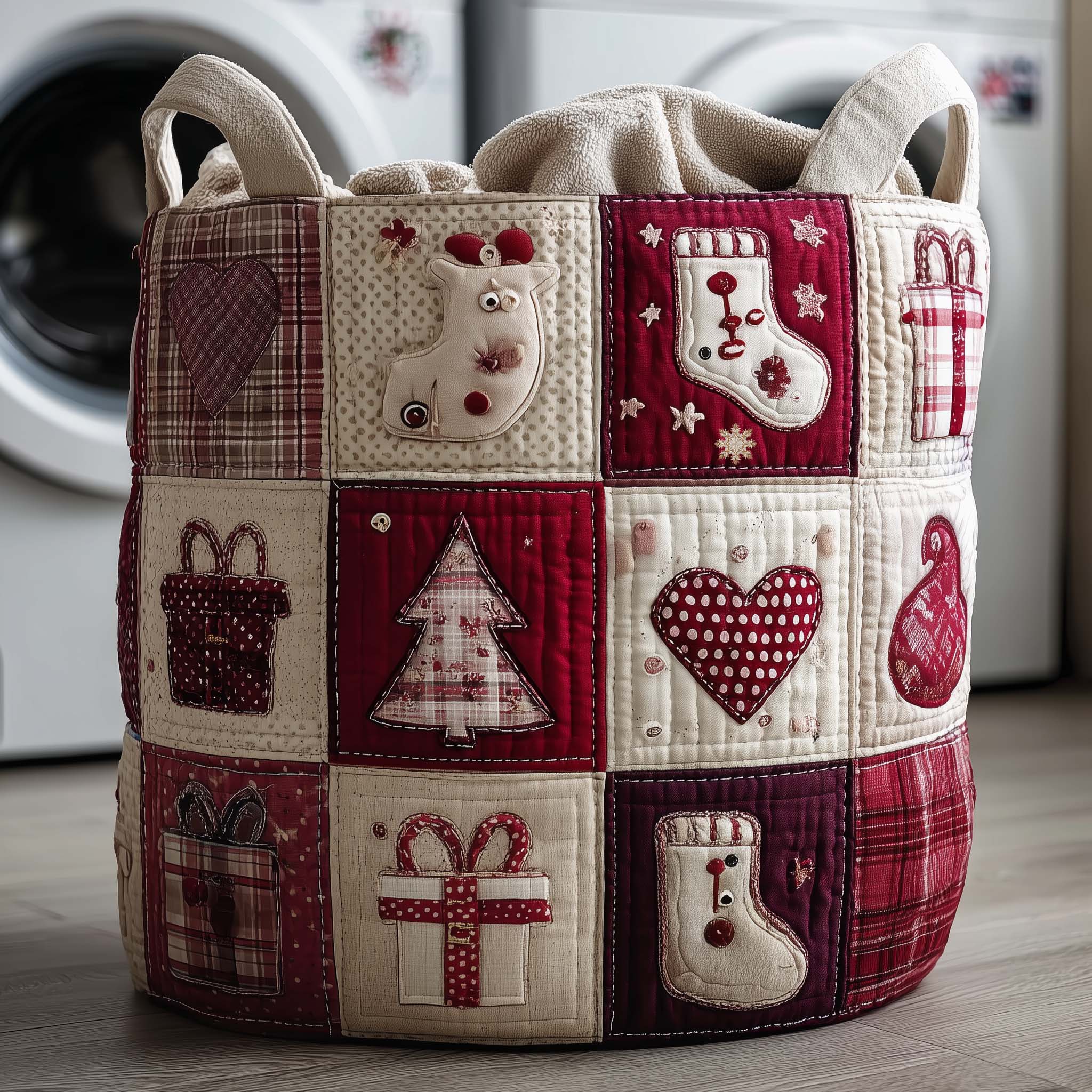 Rustic Christmas Quilted Laundry Basket Cute Room Decor Good Mothers Day Gifts - Tradiviet