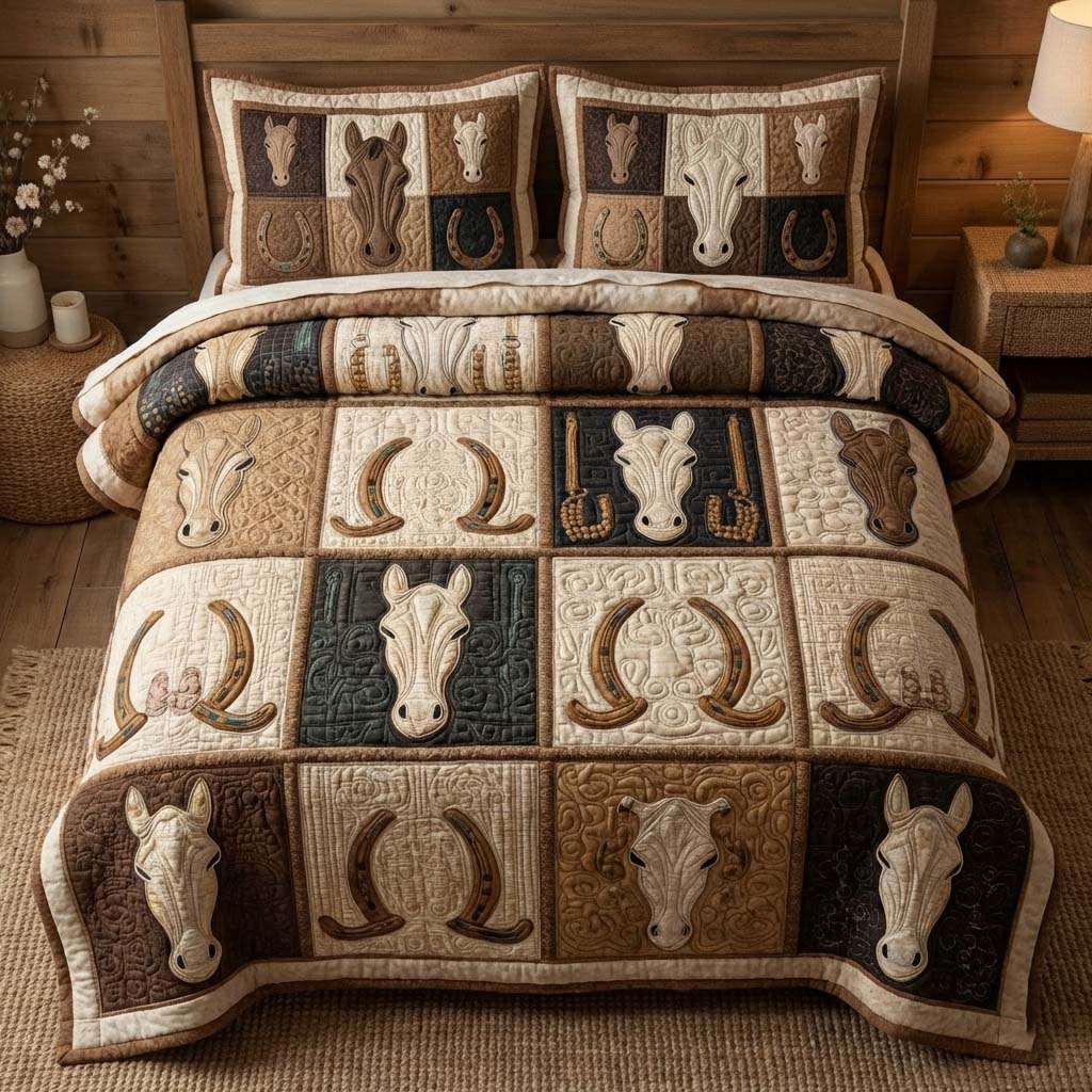 Rustic Horseshoes Quilted Bedding Set Room Decoration Items Gift Ideas For A Horse Loving Woman - Tradiviet