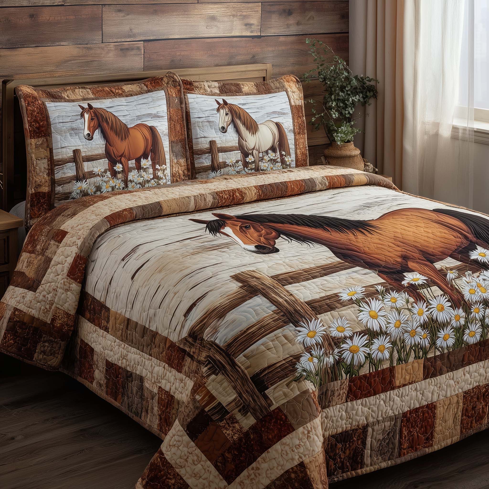 Rustic Meadow Horse Quilted Bedding Set Autumn Inspired Bedroom Gifts For The Horse Lover Woman - Tradiviet