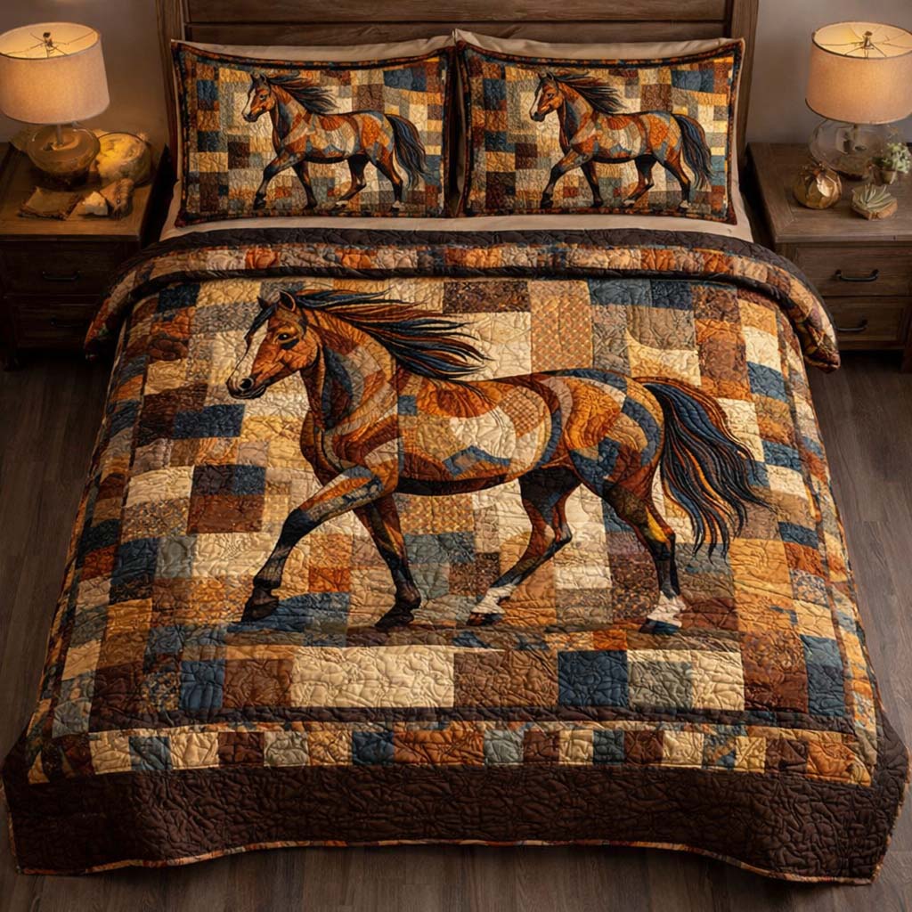 Rustic Patchwork Stallion Quilted Bedding Set Holiday Decorations Gift For Horse Lovers - Tradiviet