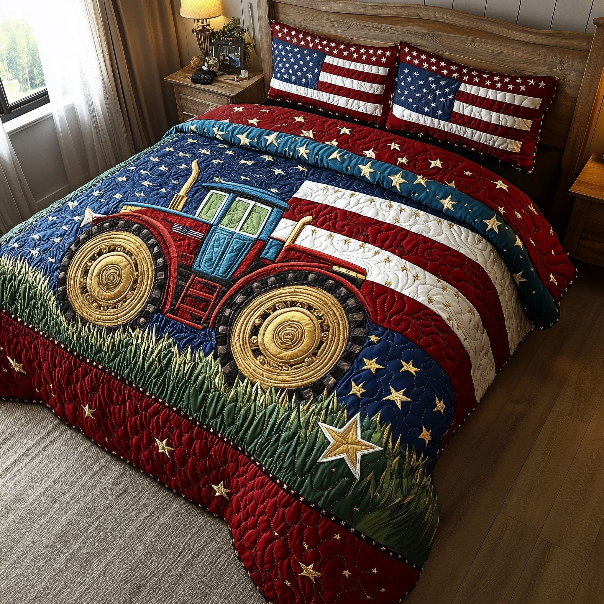 Rustic Patriot Farm  Quilted Bedding Set 4Th Of July Gifts For Coworkers