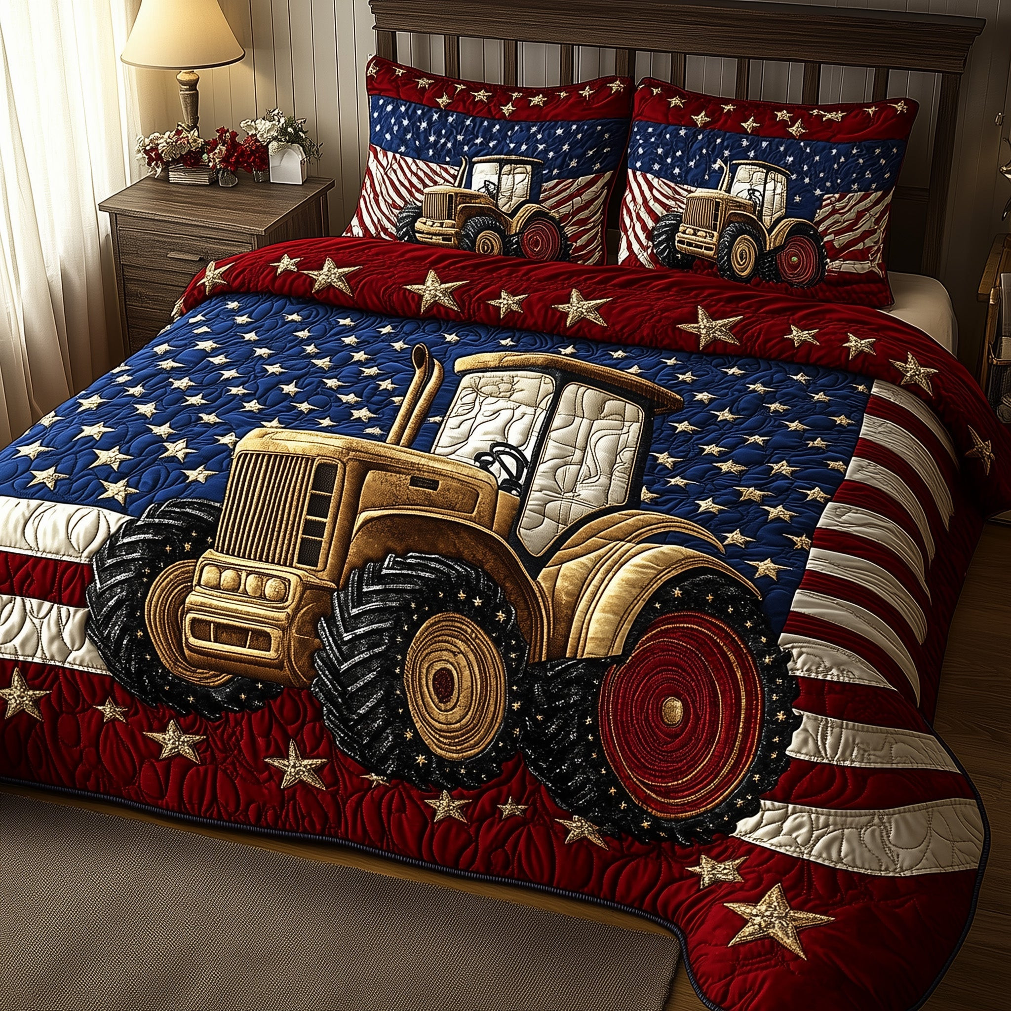 Rustic Patriot Farm  Quilted Bedding Set Floral Duvet Cover 4Th Of July Birthday Gift Ideas