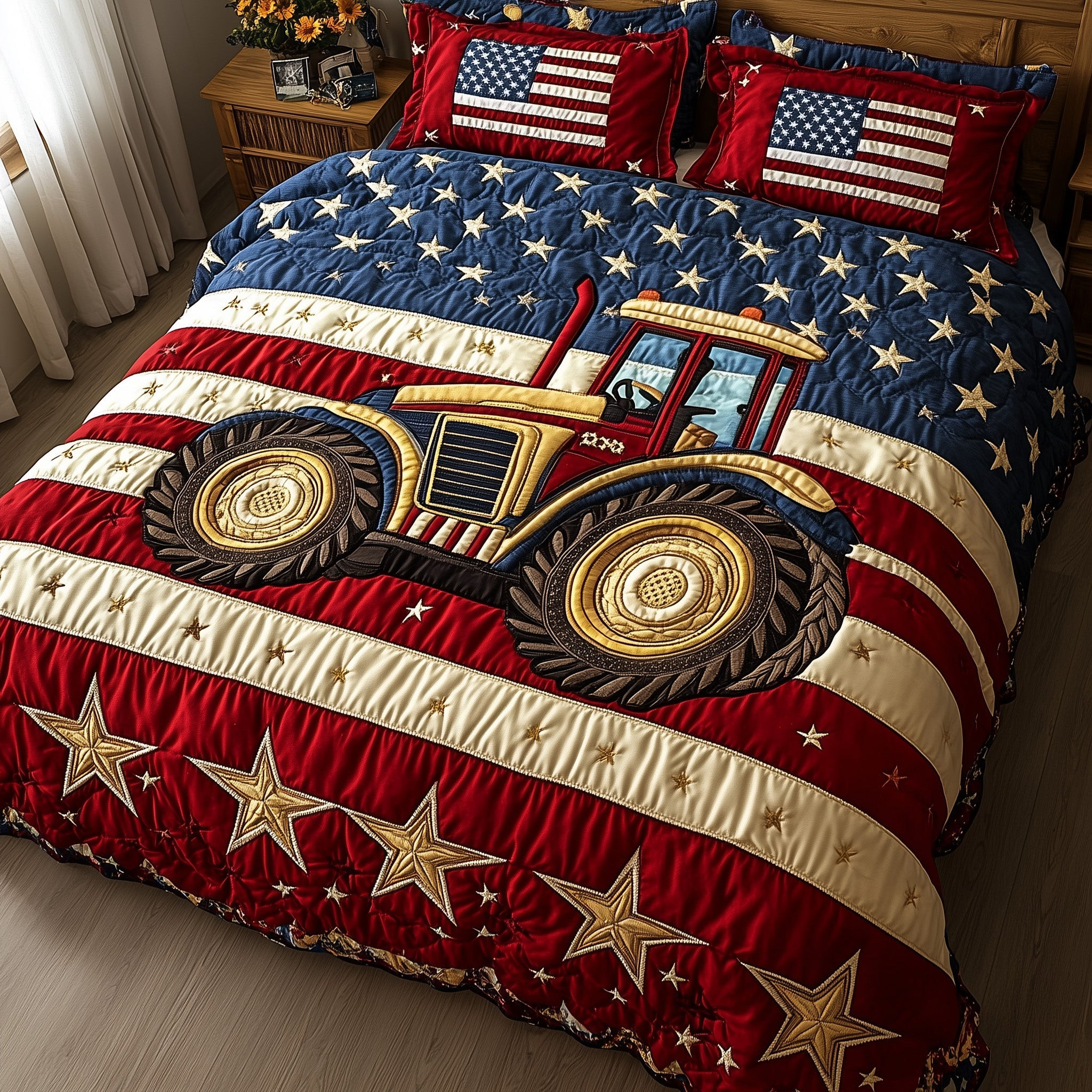 Rustic Patriot Farm  Quilted Bedding Set  Fourth Of July Birthday Gifts For Farmers
