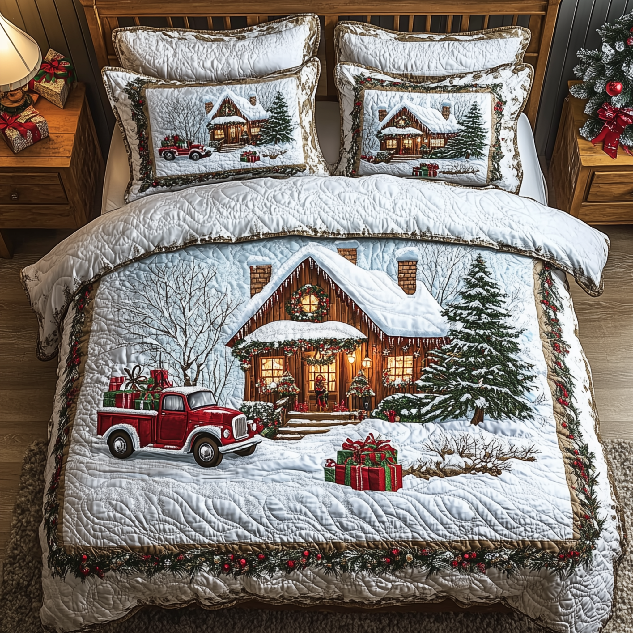 Rustic Winter Cabin Quilted Bedding Set Mens Bedroom Decor White Cabin Gift For Christmas - Tradiviet
