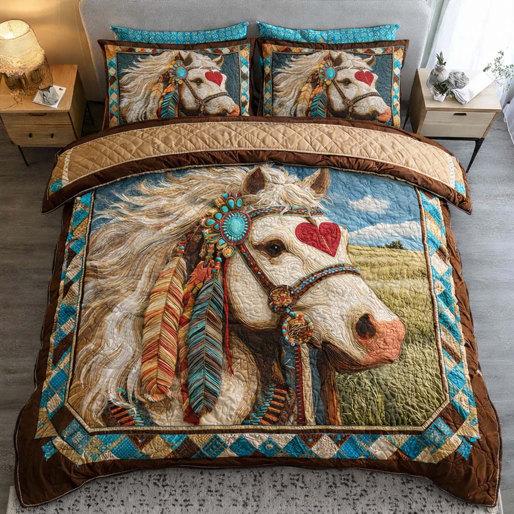 Sacred Heart Mustang Quilted Bedding Set Bed Room Decoration Gift For Horse Enthusiasts - Tradiviet