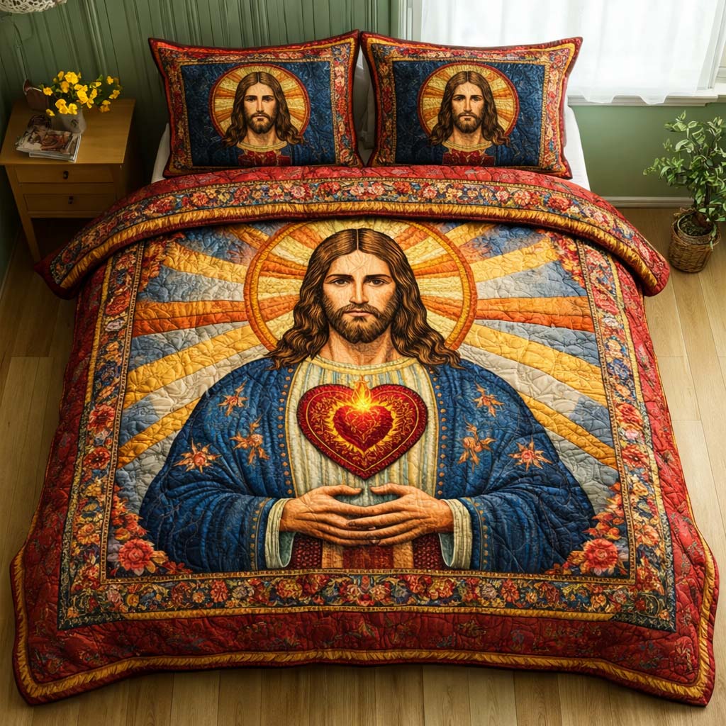 Sacred Heart Quilted Bedding Set Autumn Inspired Bedroom Gift For Soulful Homes - Tradiviet