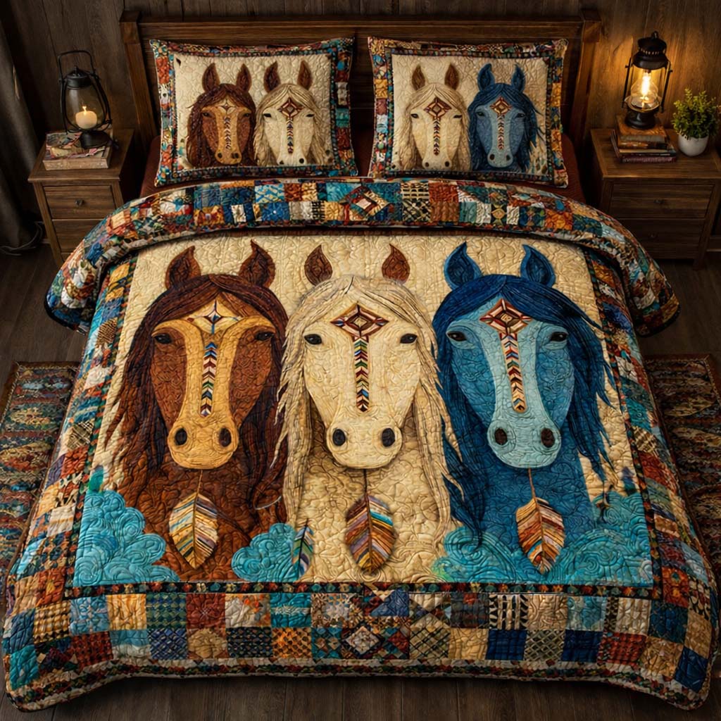 Sacred Three Horses Quilted Bedding Set Holiday Home Decor Horse Themed Presents - Tradiviet