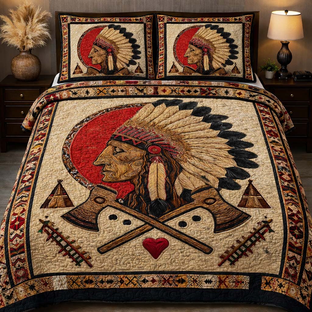 Sacred Warrior Spirit Quilted Bedding Set Holiday Home Decor Gift For Tribal Art Lovers - Tradiviet