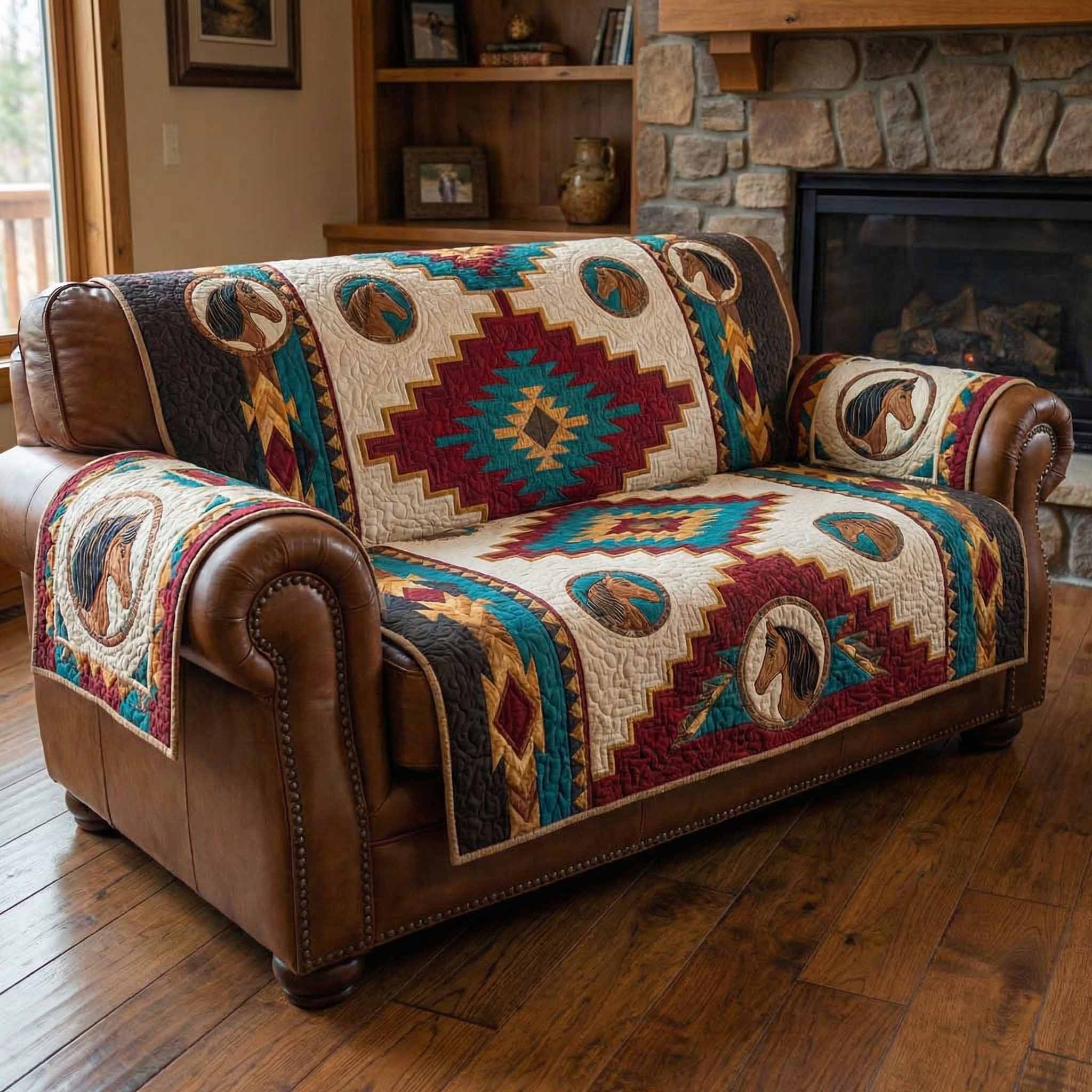 Saddle Spirit Quilted Sofa Cover Western Ranch Theme Gift For Cowboy Lovers