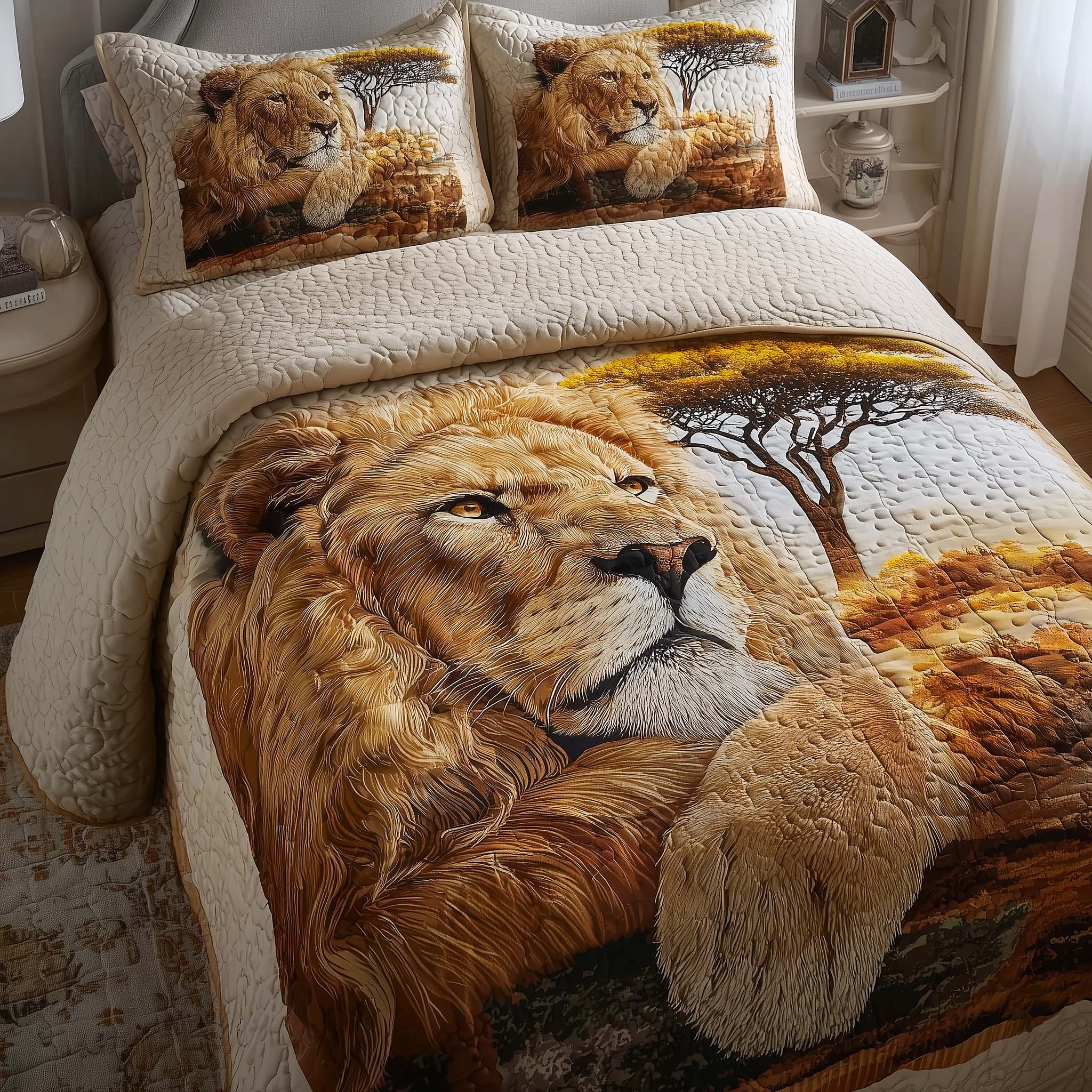 Safari Lion Quilted Bedding Set Bedroom Decorations Unique Lion Gift Items - Tradiviet