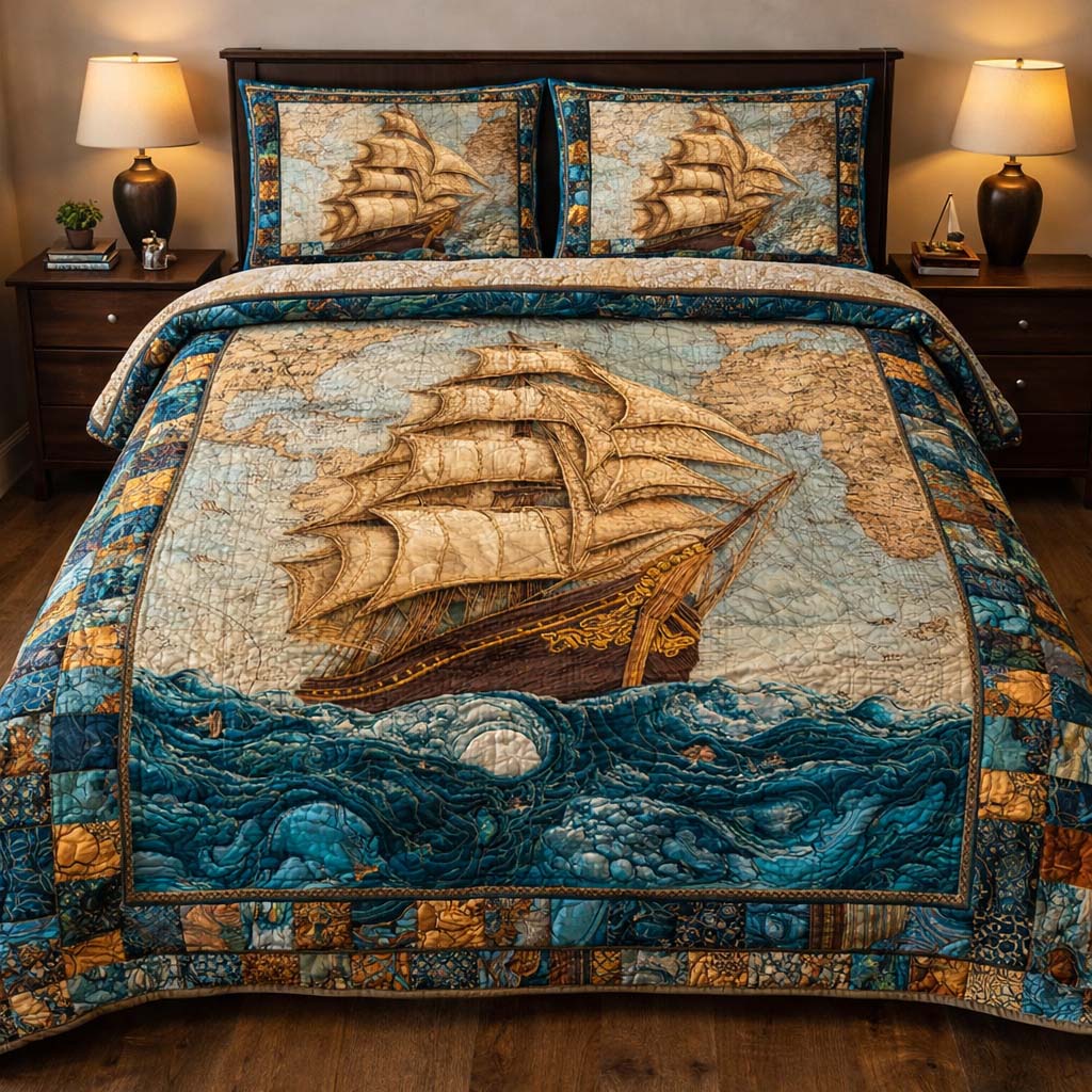 Sailing Wind Odyssey Quilted Bedding Set Bohemian Bedroom Furniture Gift For Adventure Seekers - Tradiviet