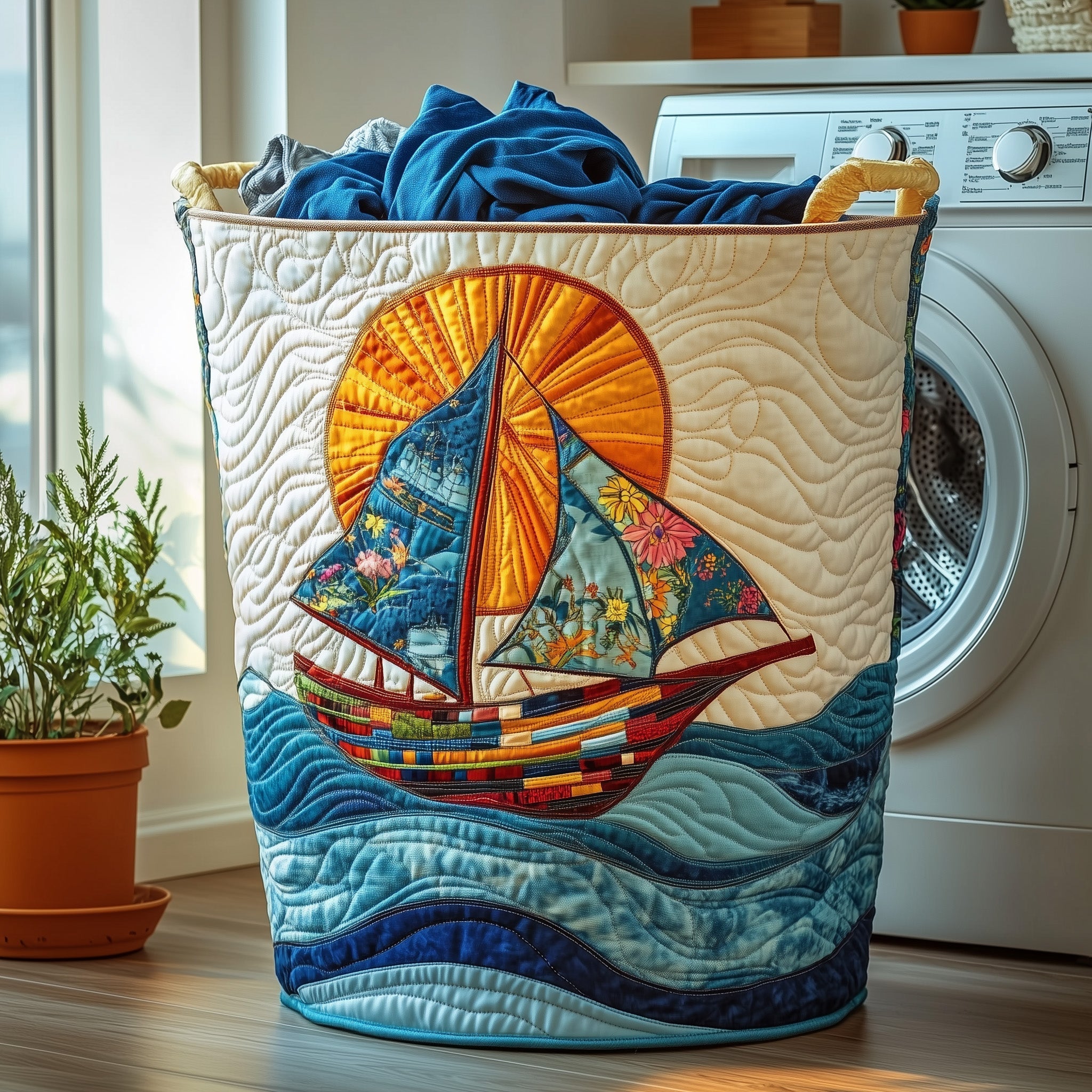 Sailling Ship Quilted Laundry Basket Washroom Decor Baskets Mother's Day Gifts - Tradiviet
