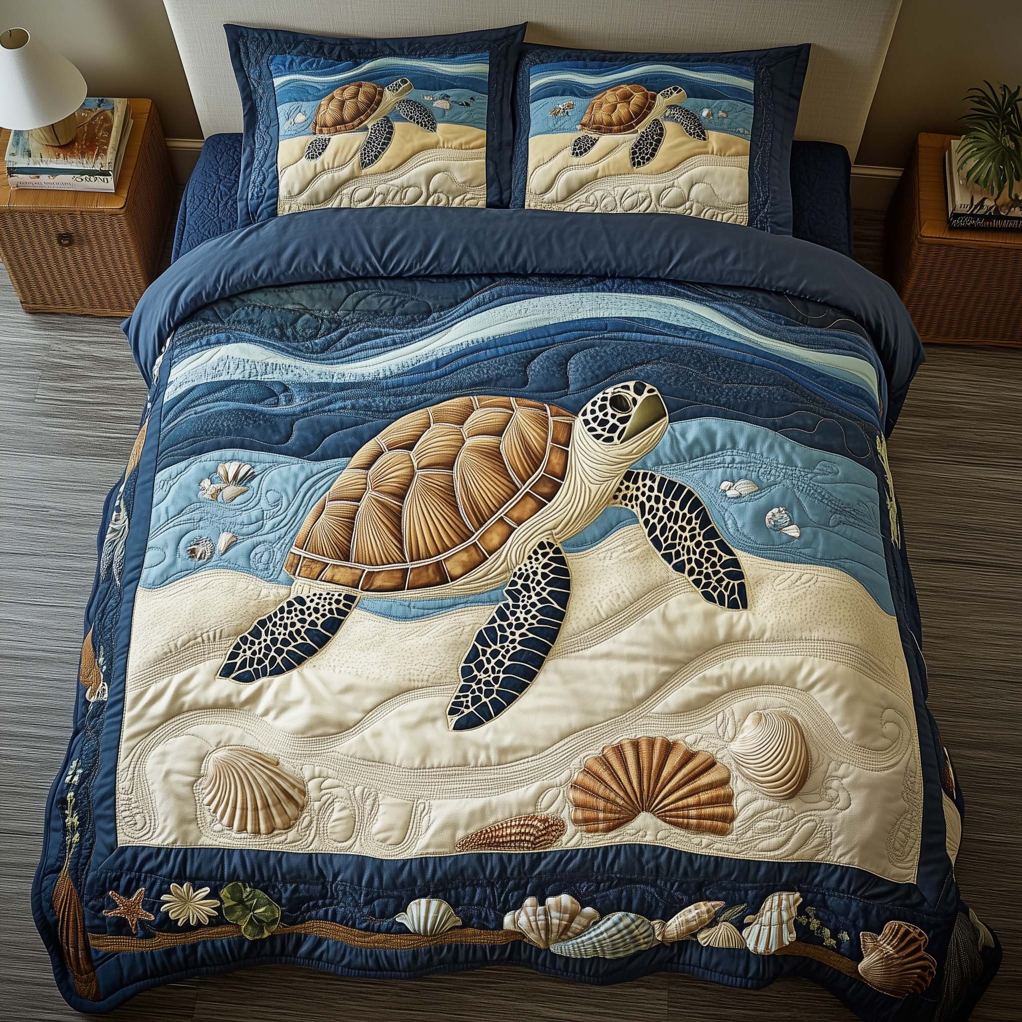 Sandy Turtle Quilted Bedding Set Holiday Decorations Christmas Presents For Sea Turtle Lovers - Tradiviet