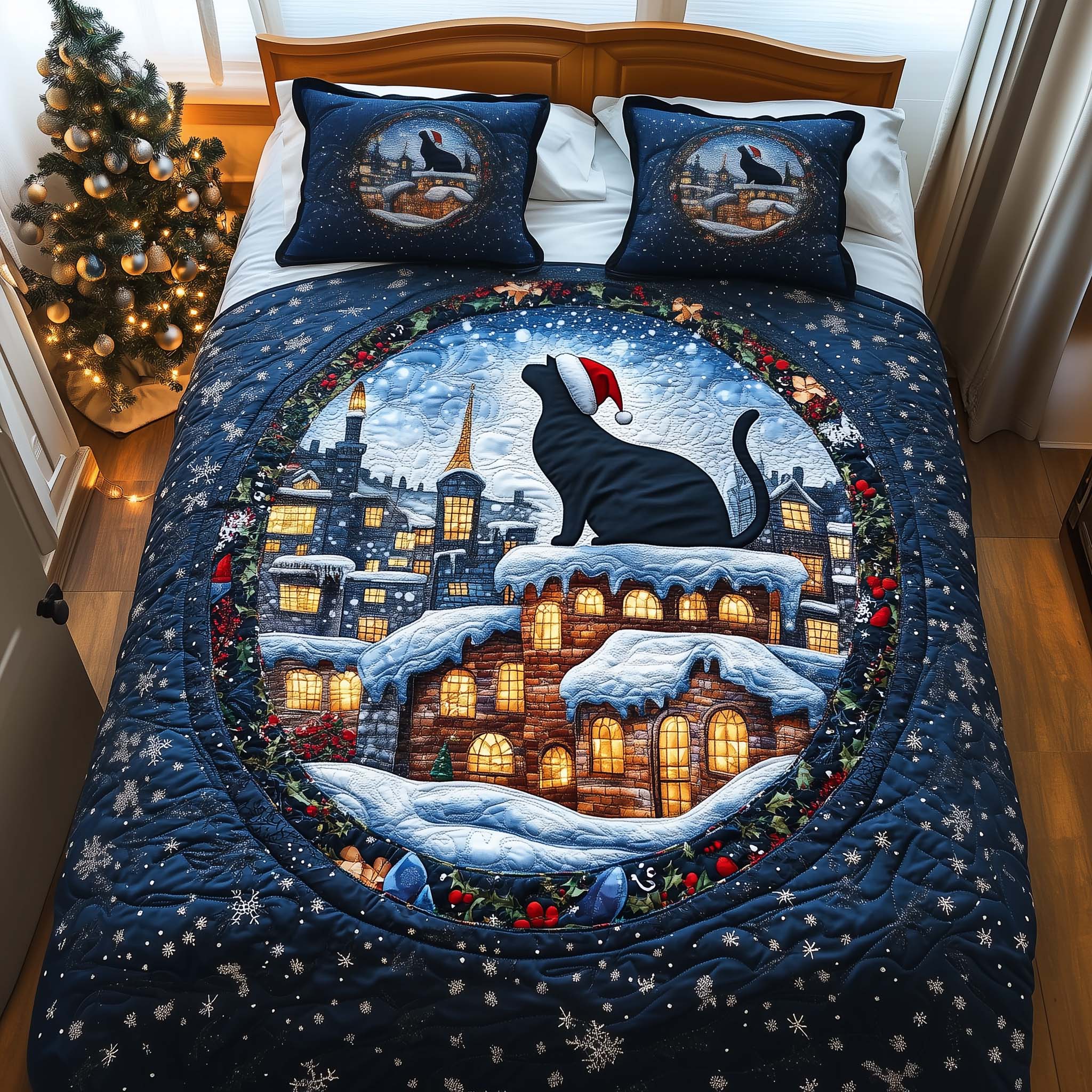 Santa Cat Rooftop Quilted Bedding Set Holiday Home Decor Womens Cat Gifts - Tradiviet