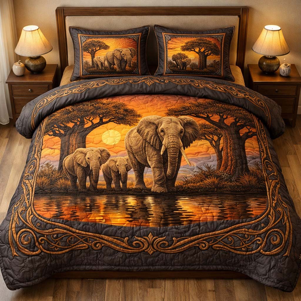 Savanna Elephant Quilted Bedding Set Holiday House Decorations Great Gift For Elephant Lover - Tradiviet