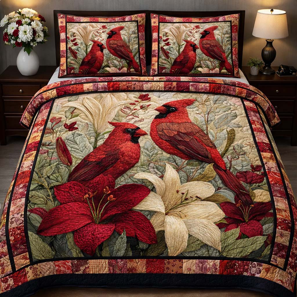 Scarlet Cardinal Duo Quilted Bedding Set Holiday Home Decor Gift For Bird Lovers - Tradiviet