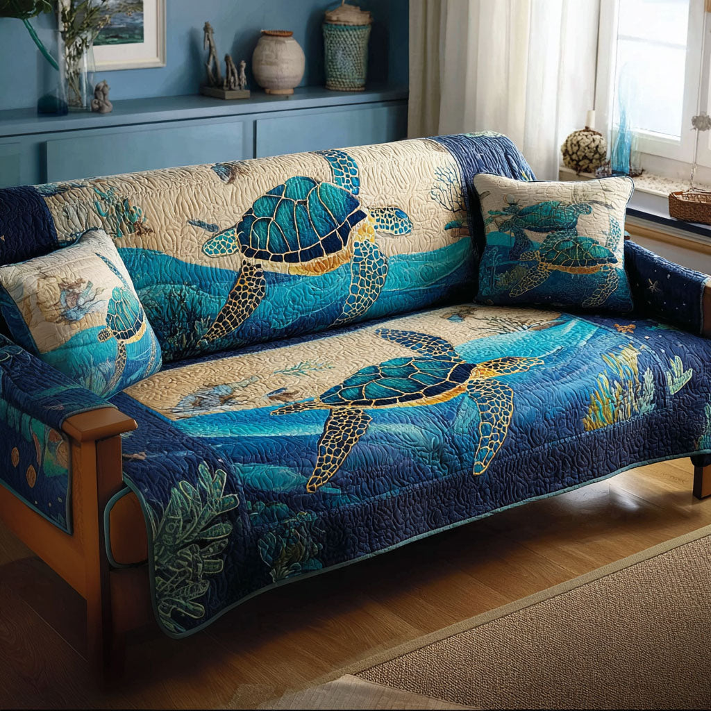 Sea Harmony Quilted Sofa Cover Ocean Nature Pattern Coastal Decor