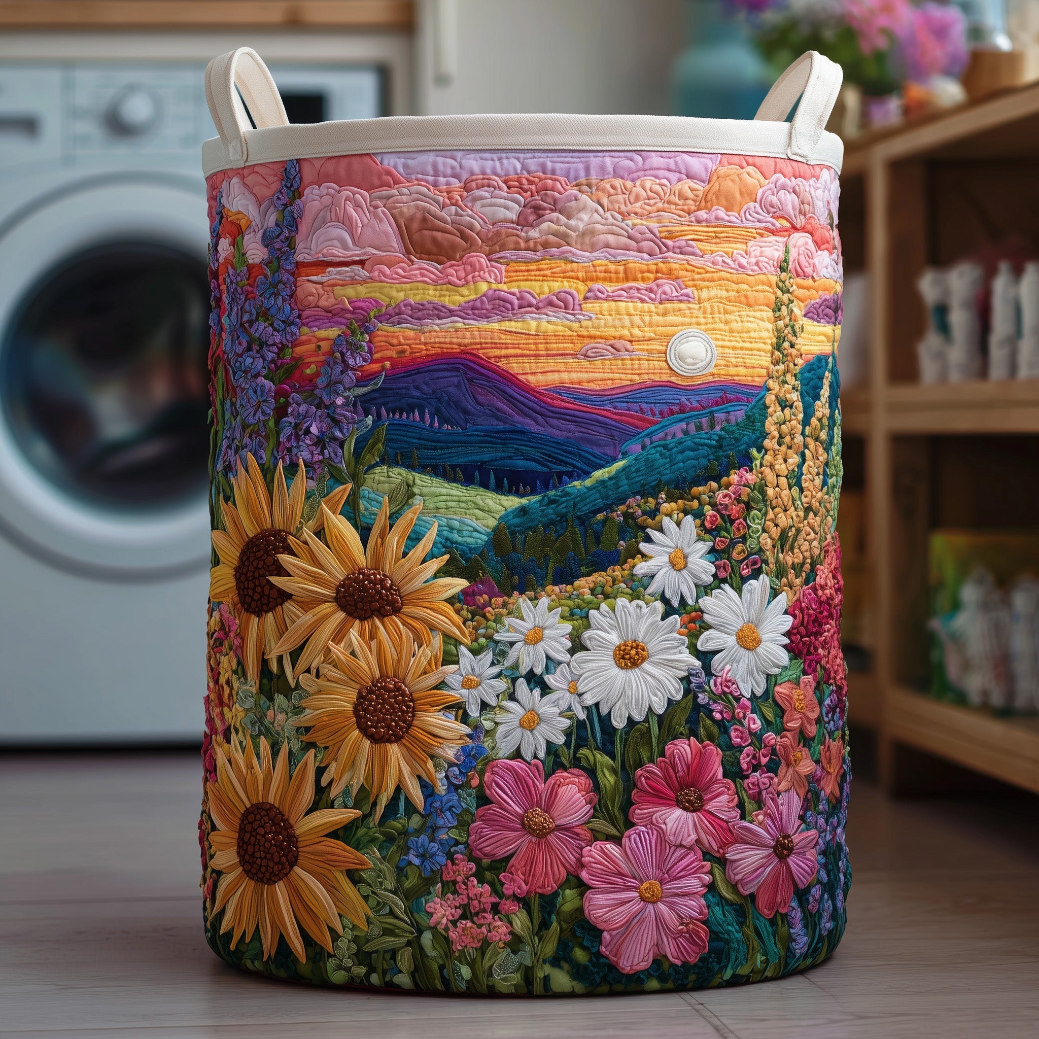 Sea Of Flowers Quilted Laundry Basket Aesthetic Storage Baskets Father's Day Gifts - Tradiviet