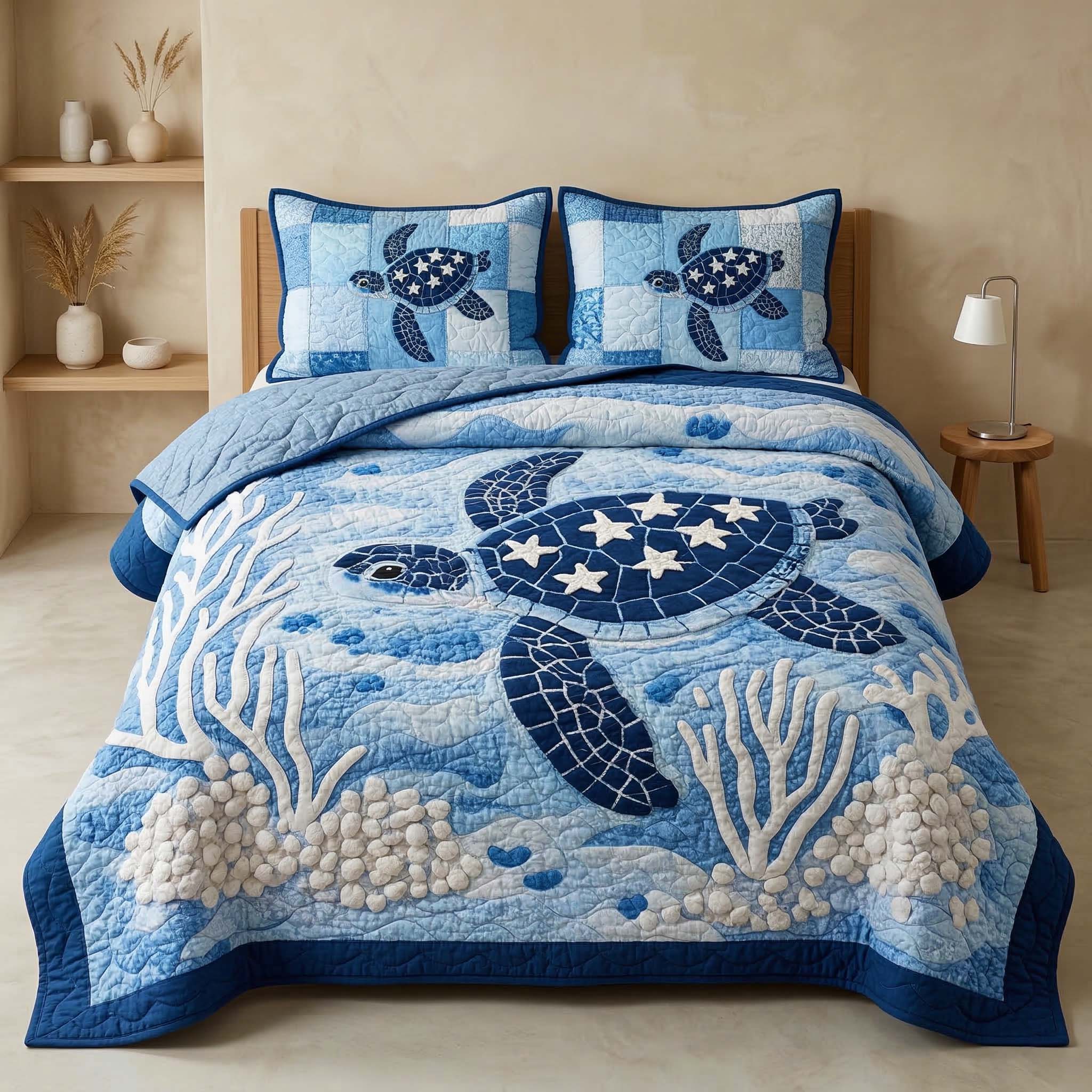 Sea Turtle Quilted Bedding Set Aesthetic Room Decorations Good Gift For Men - Tradiviet