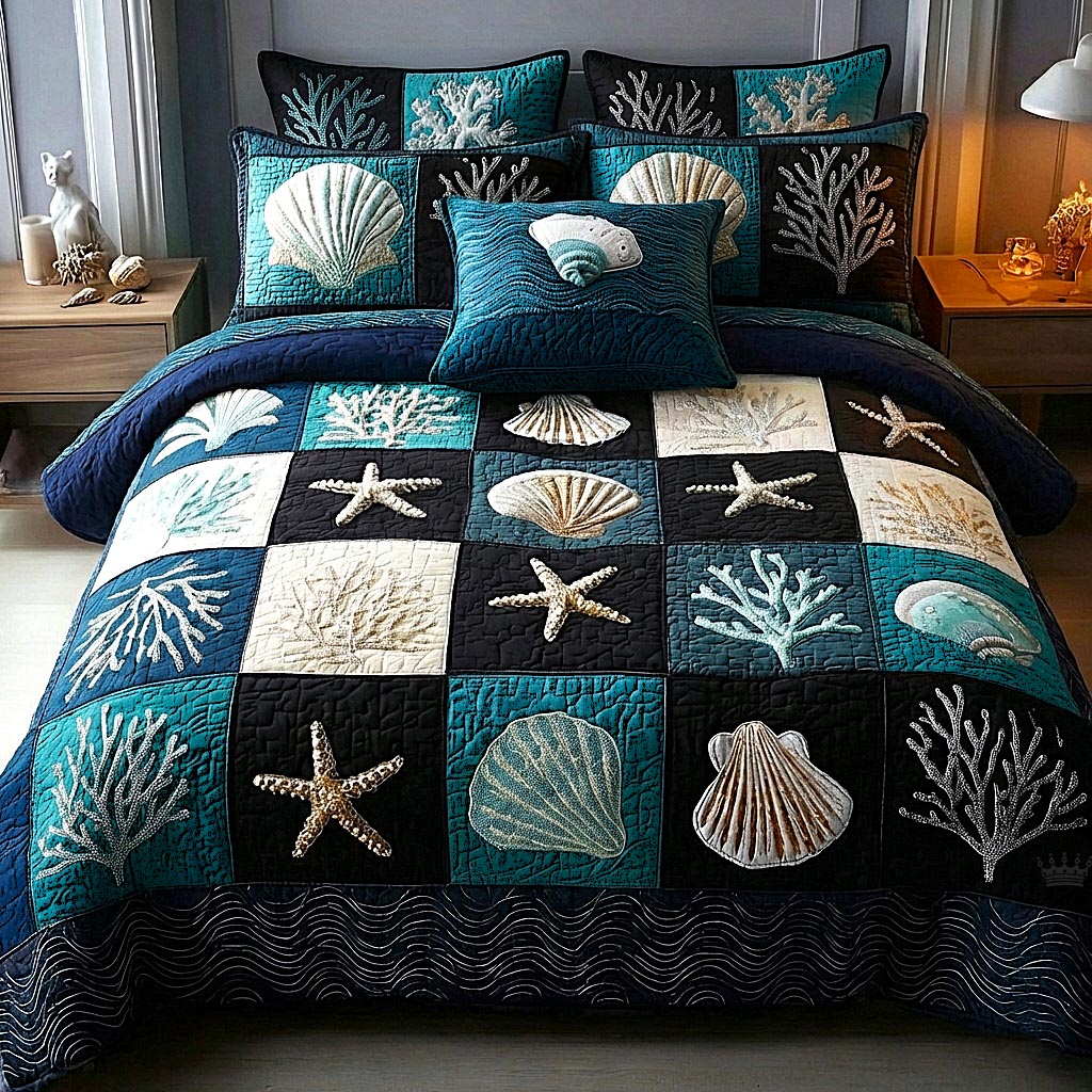 Seashell Calm Quilted Bedding Set Holiday Bedroom Decor Unique Mother's Day Gifts - Tradiviet