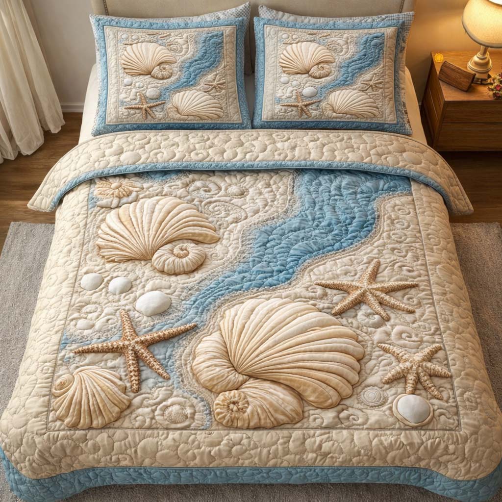 Seashell River Quilted Bedding Set Autumn Inspired Bedroom Dad Gift - Tradiviet