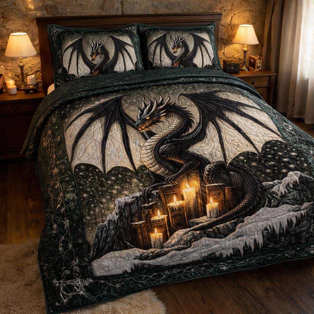 Shadow Candle Dragon Quilted Bedding Set Bedroom Decorations Gift For Dragon Lover - Tradiviet