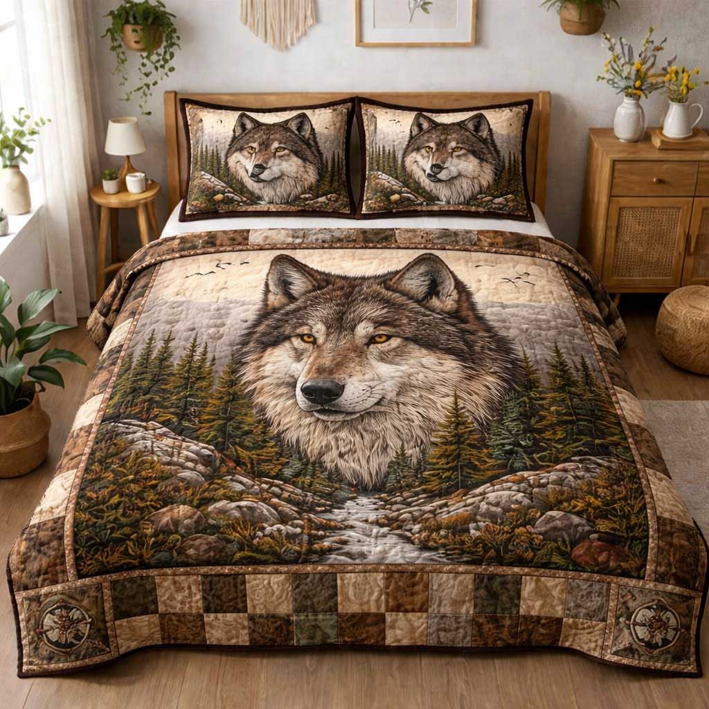 Shadow Wolf Quilted Bedding Set Holiday Bedroom Decor Gifts For People Who Like Wolves - Tradiviet