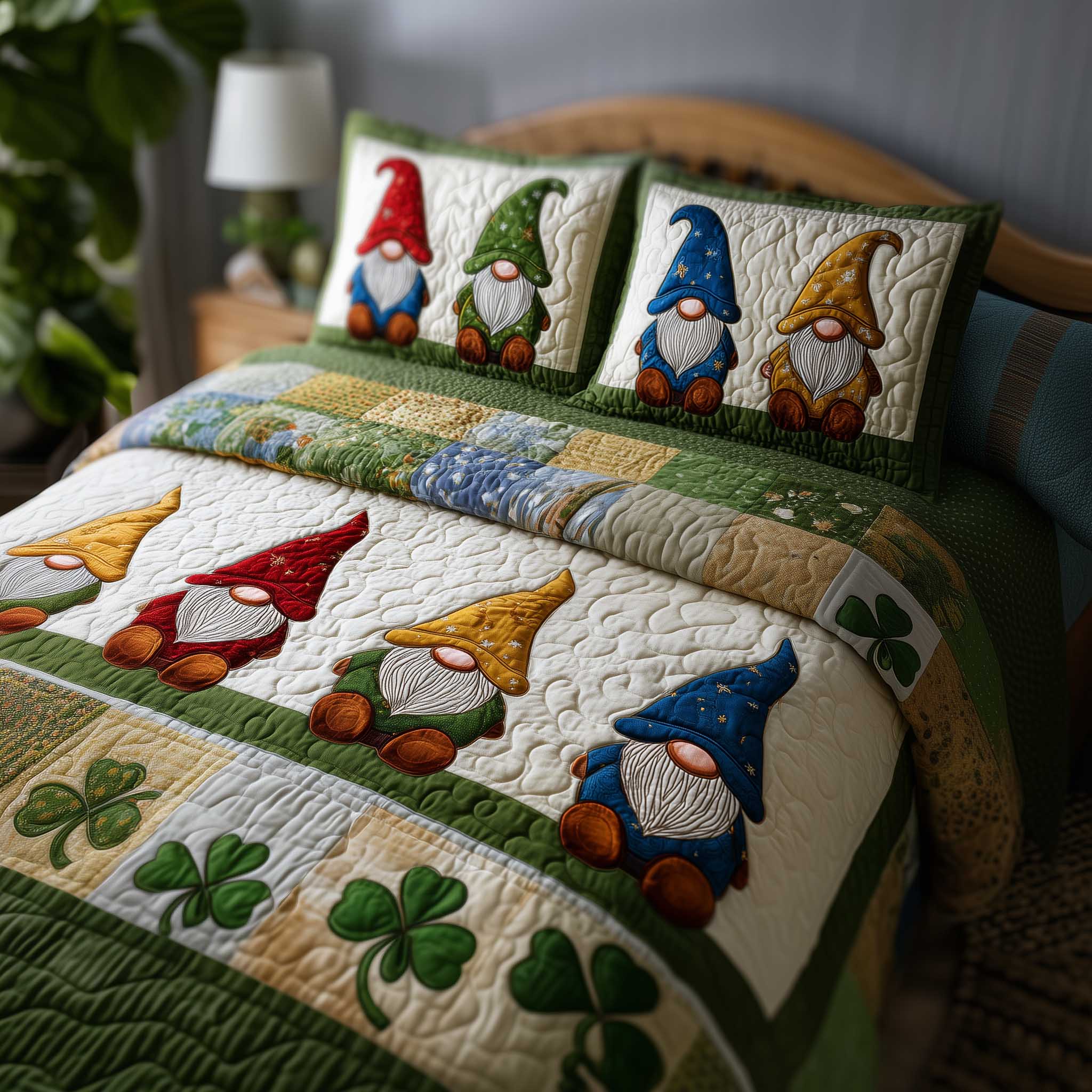 Shamrock Gnome Quilted Bedding Set Bed Room Decoration Lucky Shamrock Gift - Tradiviet
