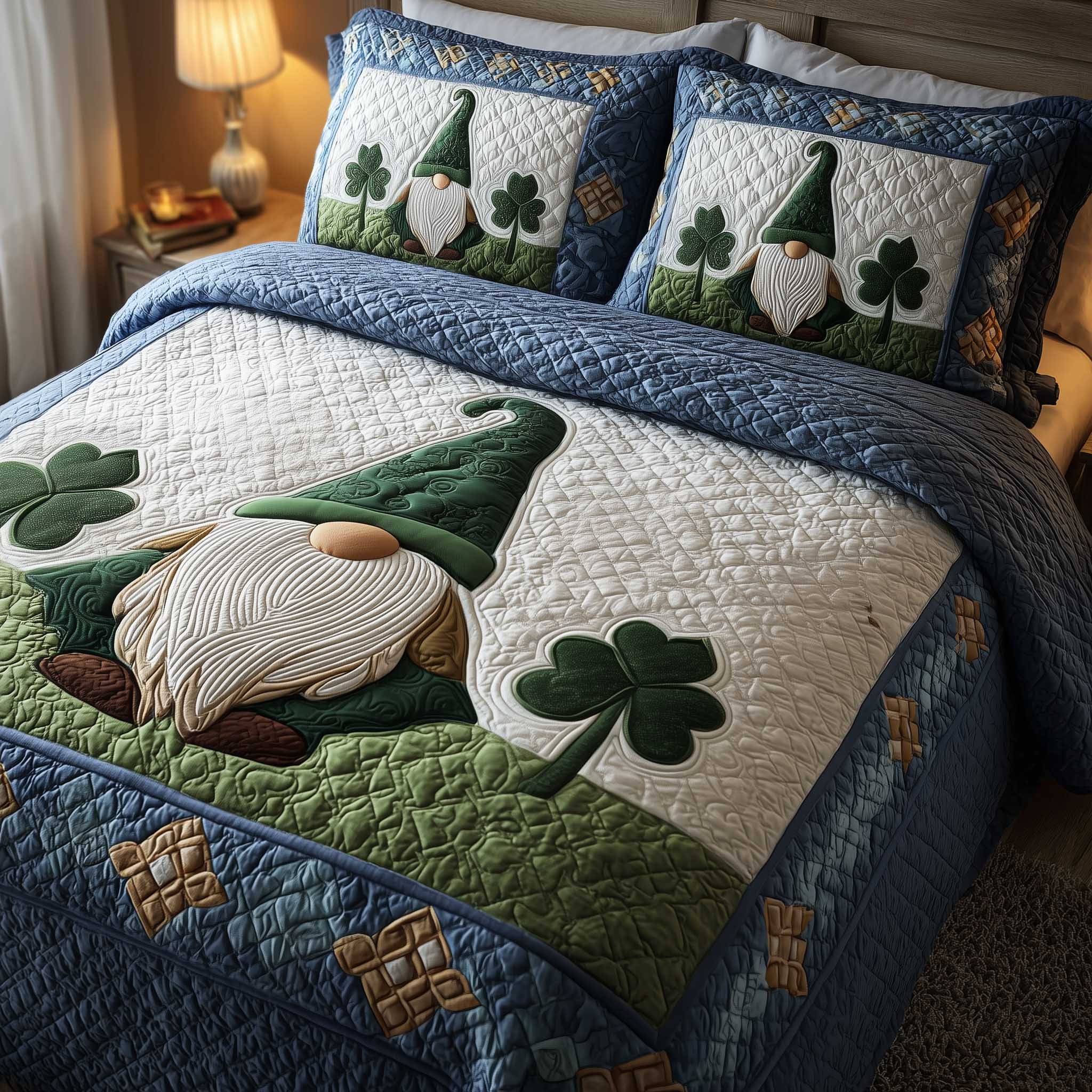 Shamrock Gnome Quilted Bedding Set Bedroom Decorations Best Gnome Gifts - Tradiviet