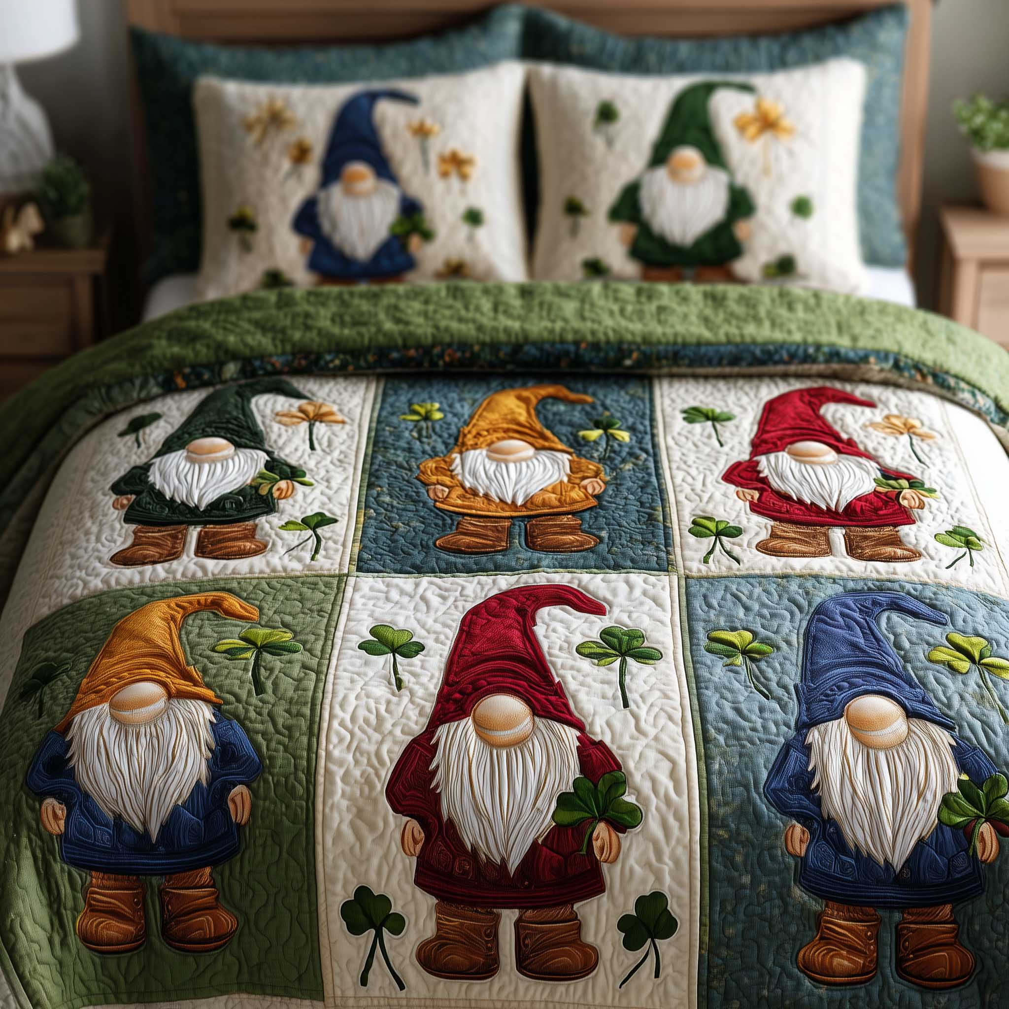 Shamrock Gnome Quilted Bedding Set Bedroom Decorations Charming Shamrock Decor - Tradiviet