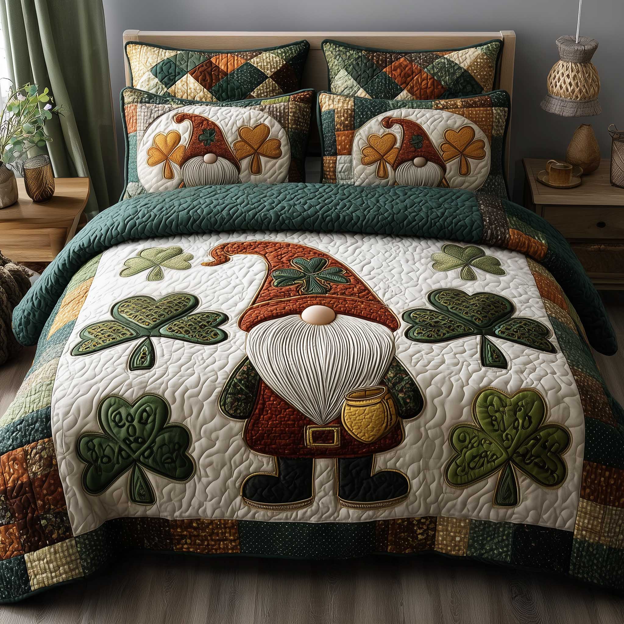 Shamrock Gnome Quilted Bedding Set Holiday Home Decor Ideas Unique Shamrock Gift - Tradiviet