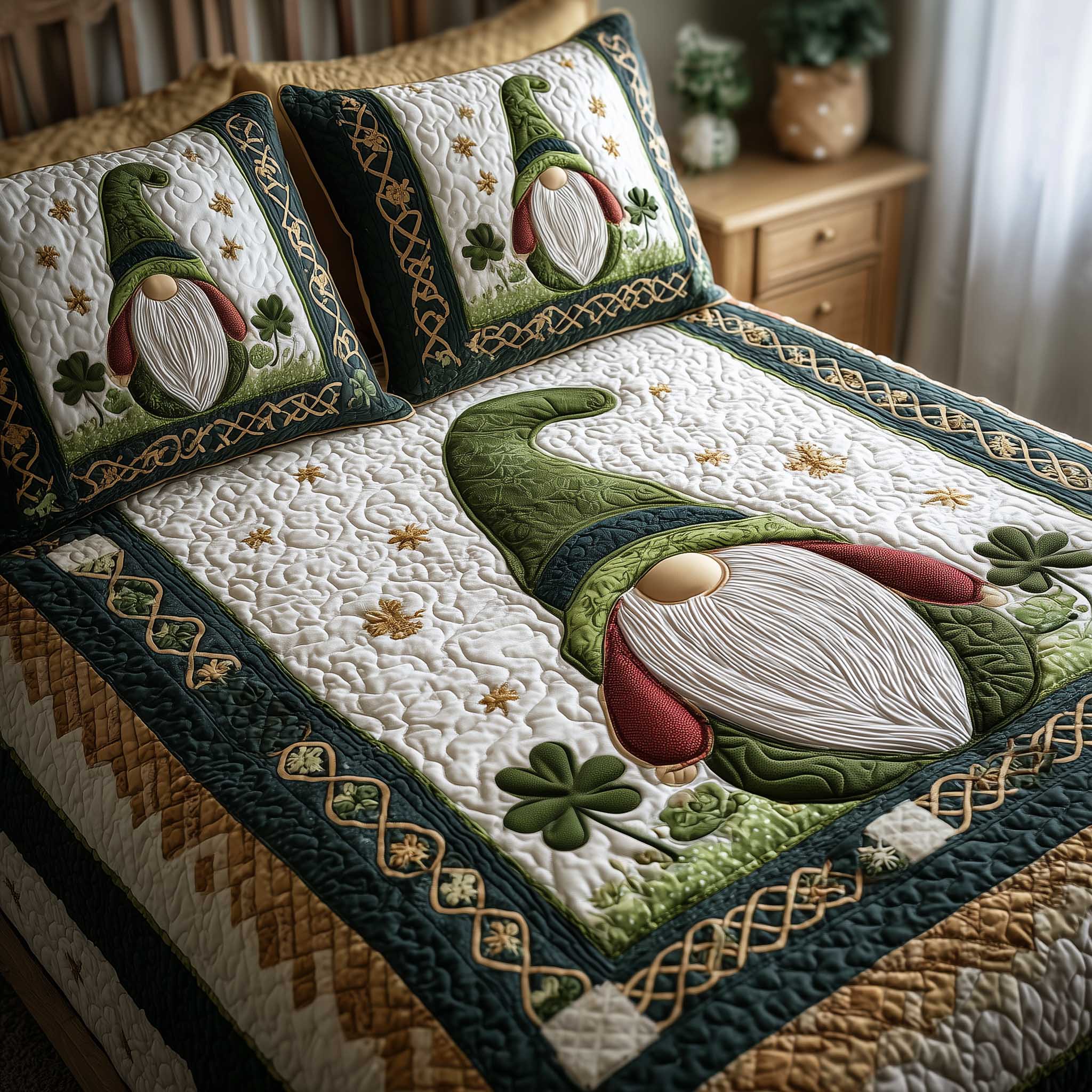 Shamrock Gnome Quilted Bedding Set Holiday Home Decor Perfect Shamrock Gift - Tradiviet