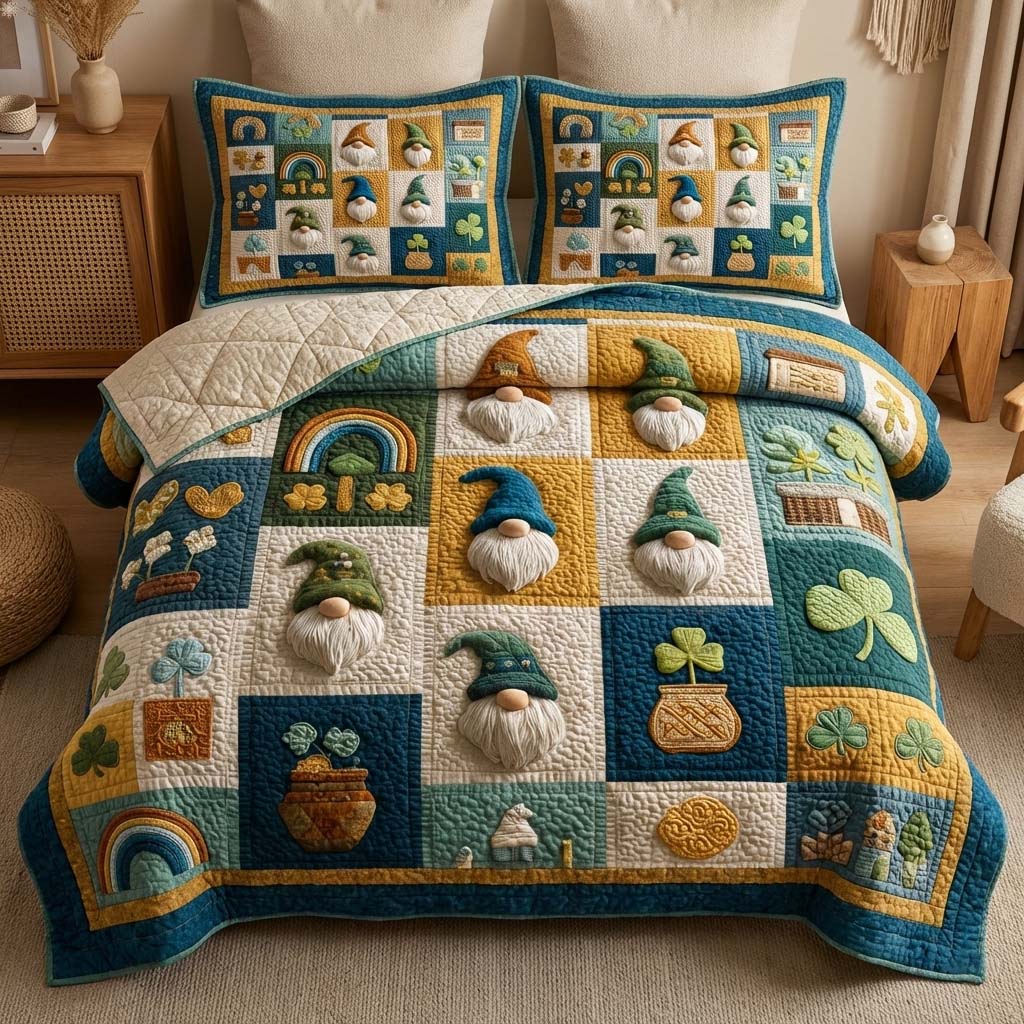 Shamrock Gnomes Quilted Bedding Set Bedroom Decorations Funny Gnome Gifts - Tradiviet