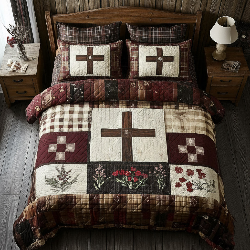 Shining Cross Quilted Bedding Set Bohemian Bedroom Furniture Cross Gift For Friends - Tradiviet