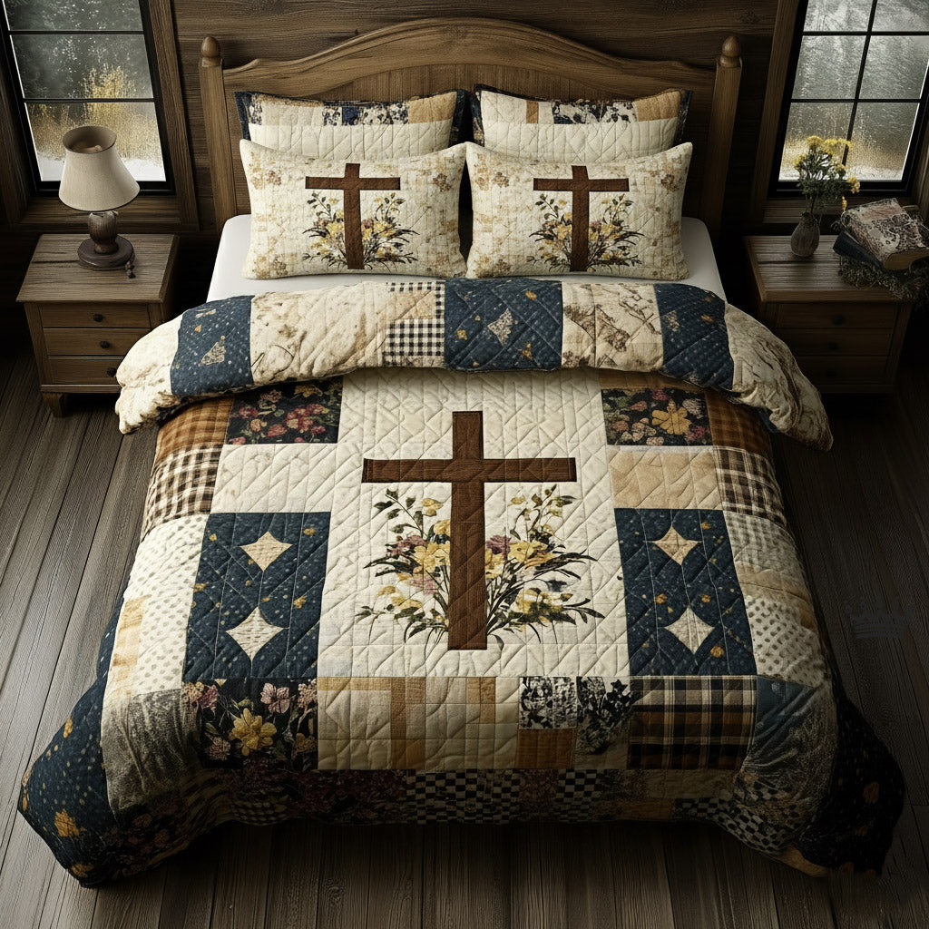 Shining Cross Quilted Bedding Set Holiday Bedroom Decor Cross Gift For Grandma - Tradiviet